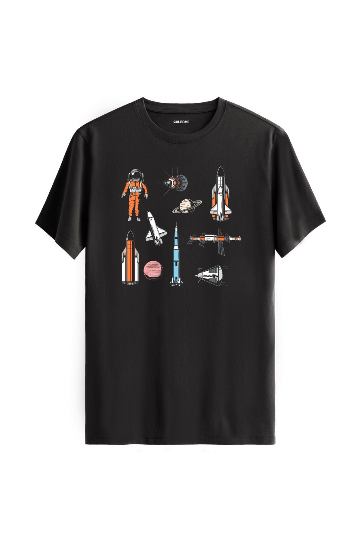 Colermi Uzay Temalı Astronot Baskılı Unisex %100 Pamuk Antrasit Tshirt