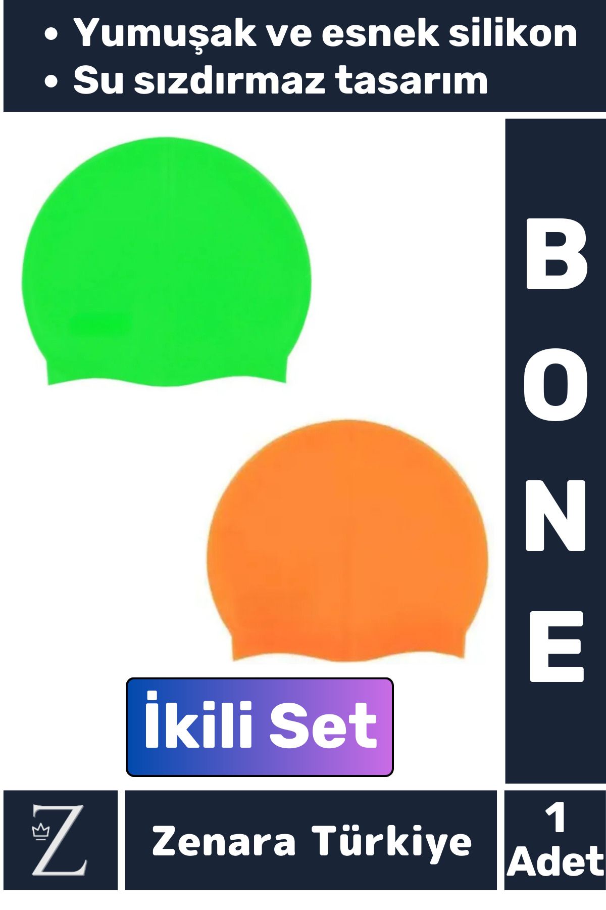 Zenara Premium Su Geçirmez Elastik Yumuşak Yüzücü Havuz Deniz Yüzme Şapkası Esnek Silikon Bone 2'Li SET