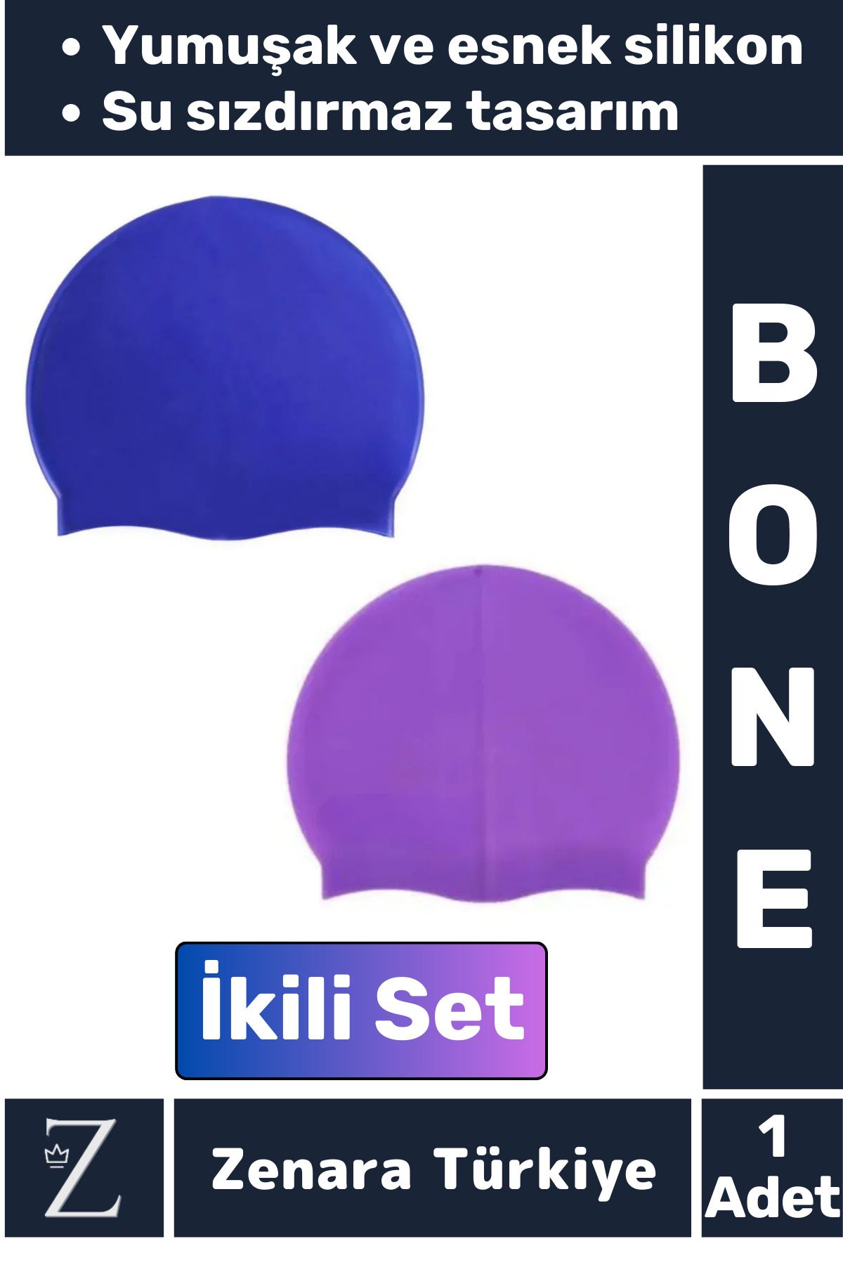 Zenara Premium Su Geçirmez Elastik Yumuşak Yüzücü Havuz Deniz Yüzme Şapkası Esnek Silikon Bone 2'Li SET