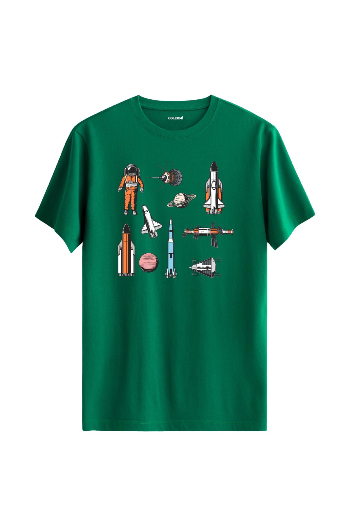 Colermi Uzay Temalı Astronot Baskılı Unisex %100 Pamuk Yeşil Tshirt