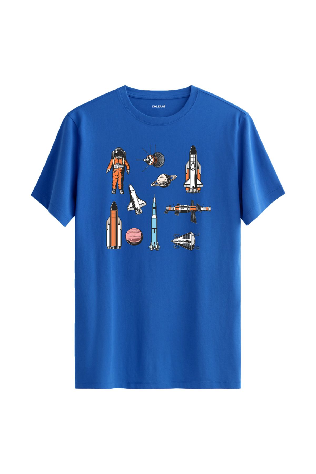 Colermi Uzay Temalı Astronot Baskılı Unisex %100 Pamuk Mavi Tshirt
