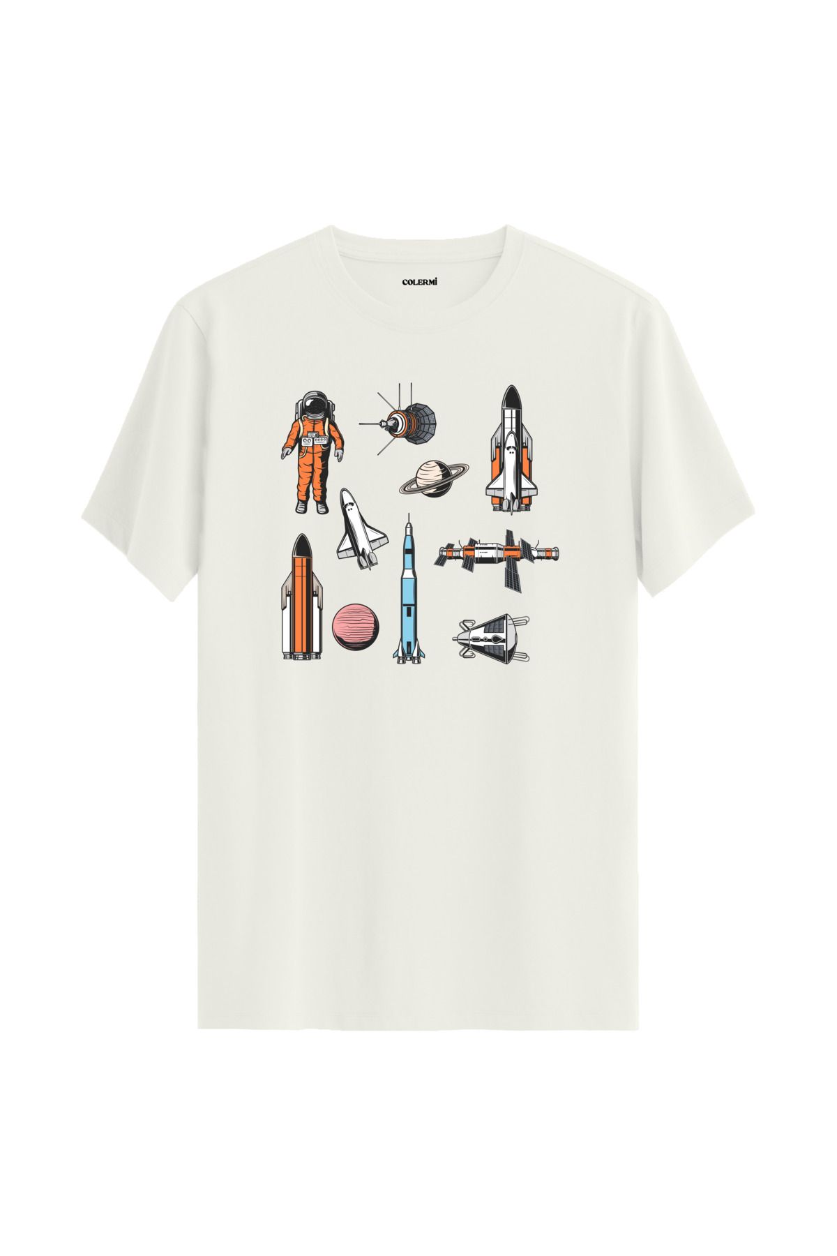 Colermi Uzay Temalı Astronot Baskılı Unisex %100 Pamuk Ekru Tshirt