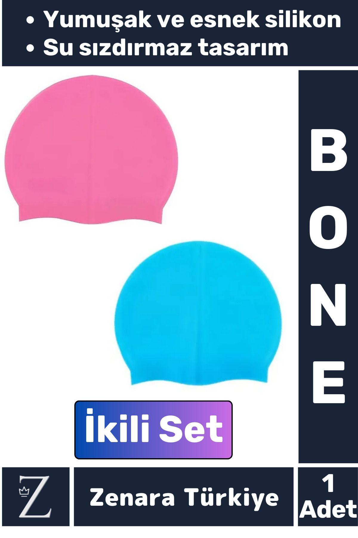Zenara Premium Su Geçirmez Elastik Yumuşak Yüzücü Havuz Deniz Yüzme Şapkası Esnek Silikon Bone 2'Li SET