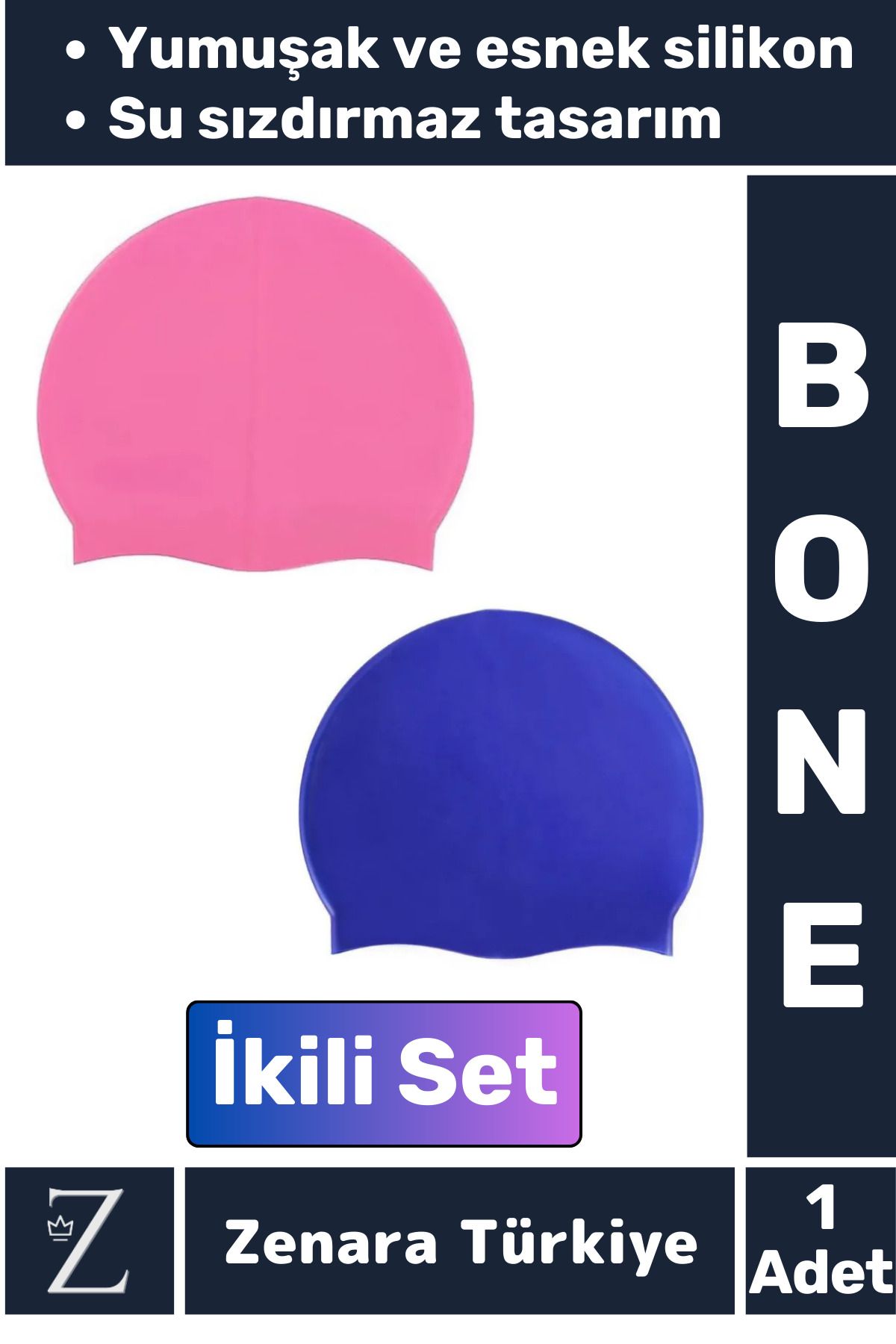 Zenara Premium Su Geçirmez Elastik Yumuşak Yüzücü Havuz Deniz Yüzme Şapkası Esnek Silikon Bone 2'Li SET