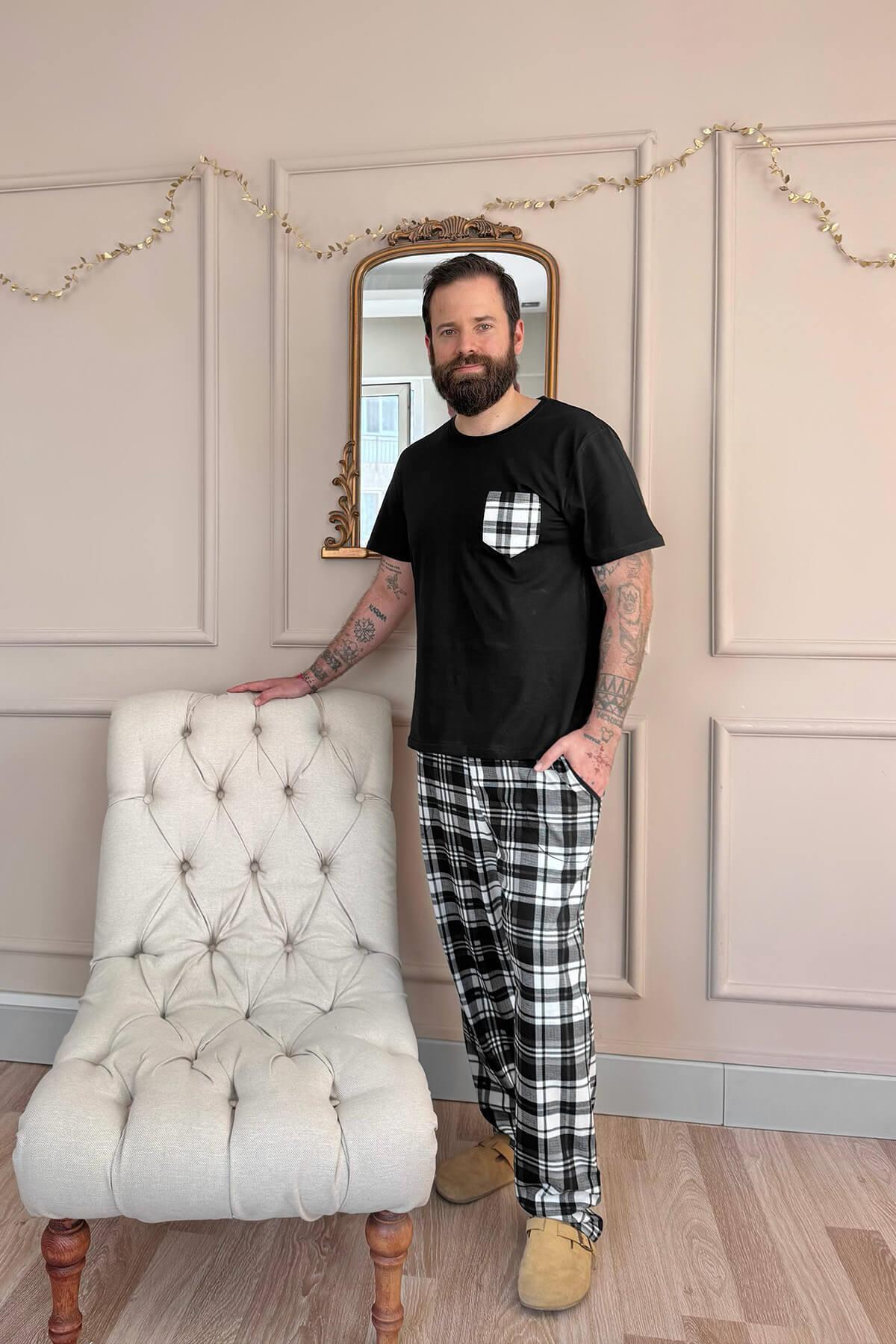 Pijamaevi Siyah Füme Ekose Cep Detay Kısa Kollu Erkek Pijama Takımı görsel 6