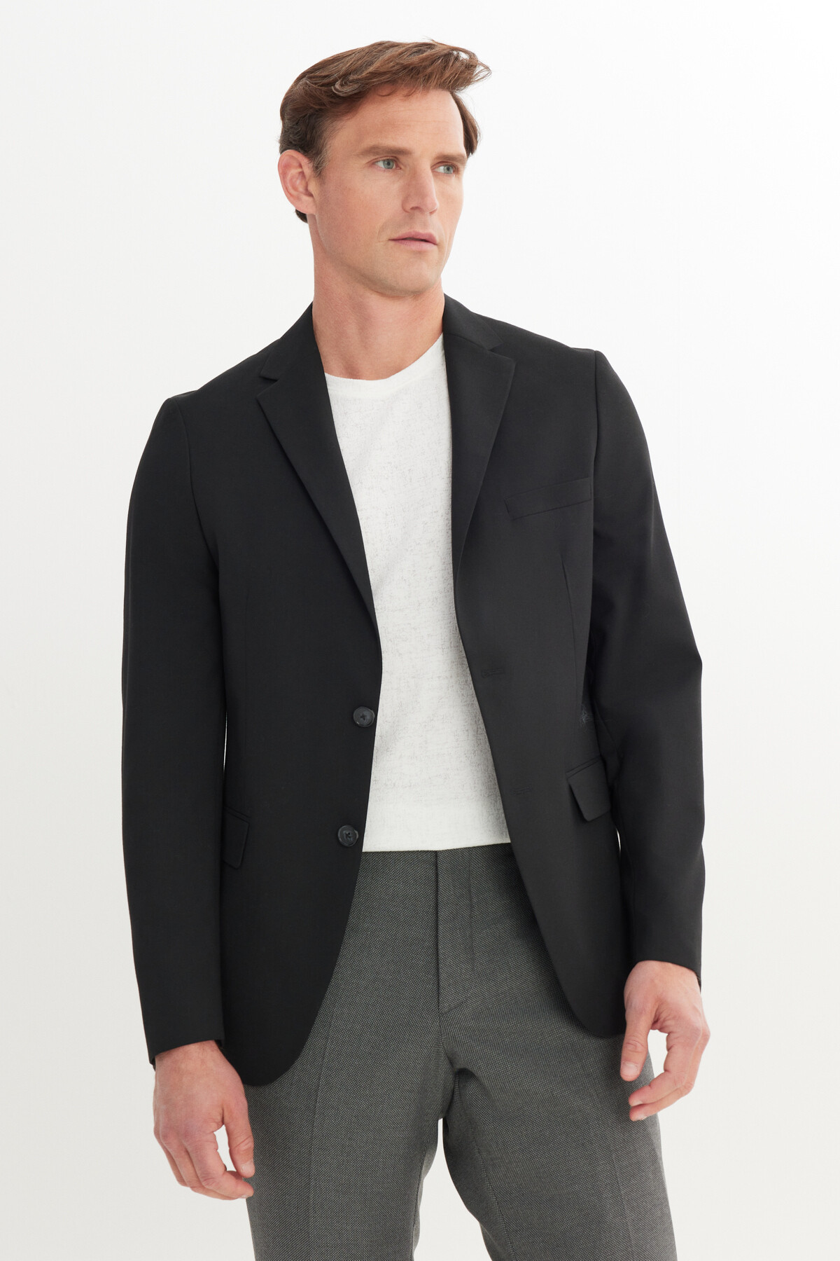 Erkek Siyah Yünlü Slim Fit Dar Kesim Mono Yaka Kapak Cepli Blazer Ceket