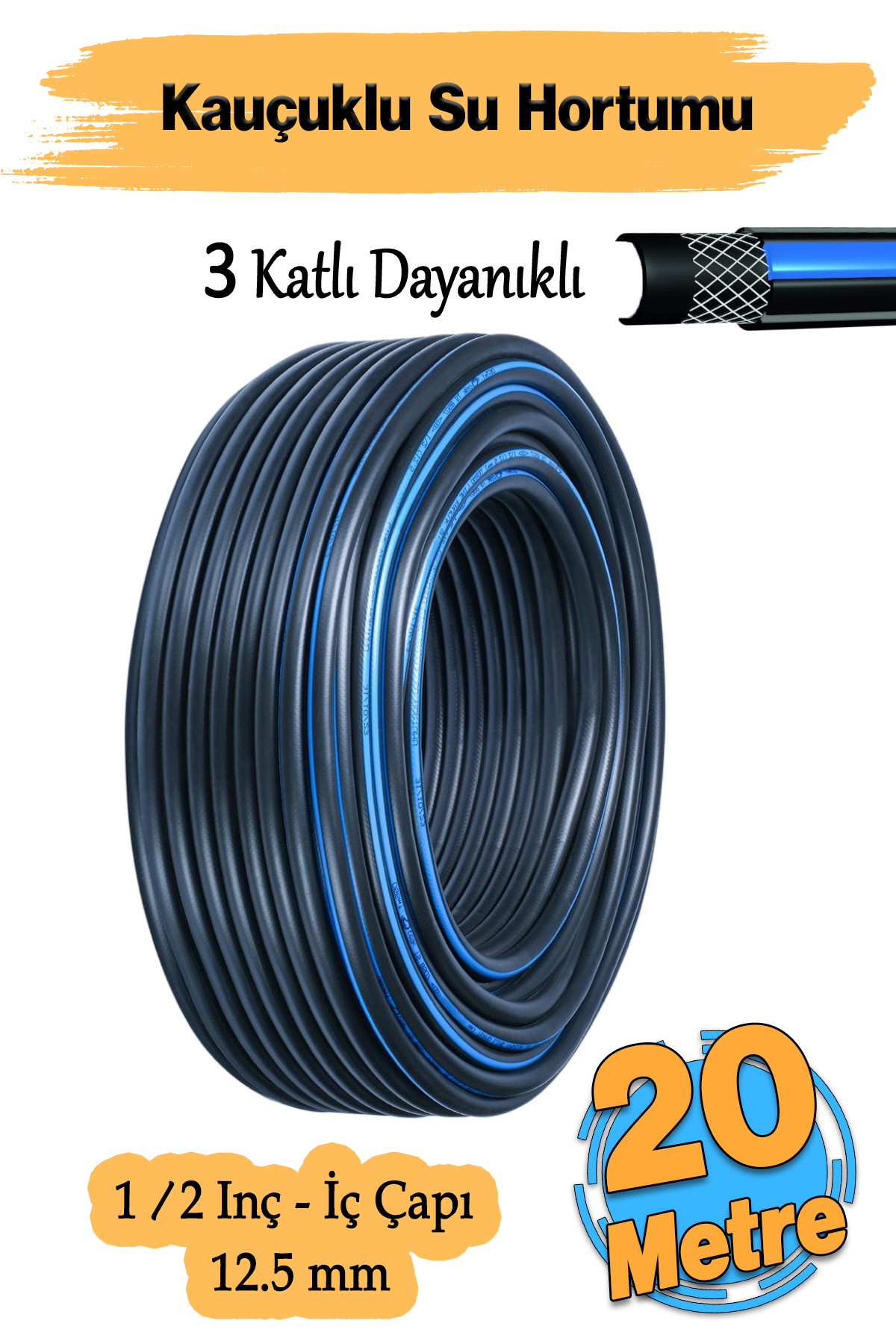 Badem10 Bahçe Hortumu 20 Metre Termo Kauçuklu Dayanıklı 3 Katlı Sağlam Su Sulama Yıkama Hortum 12.5 mm 1/2"