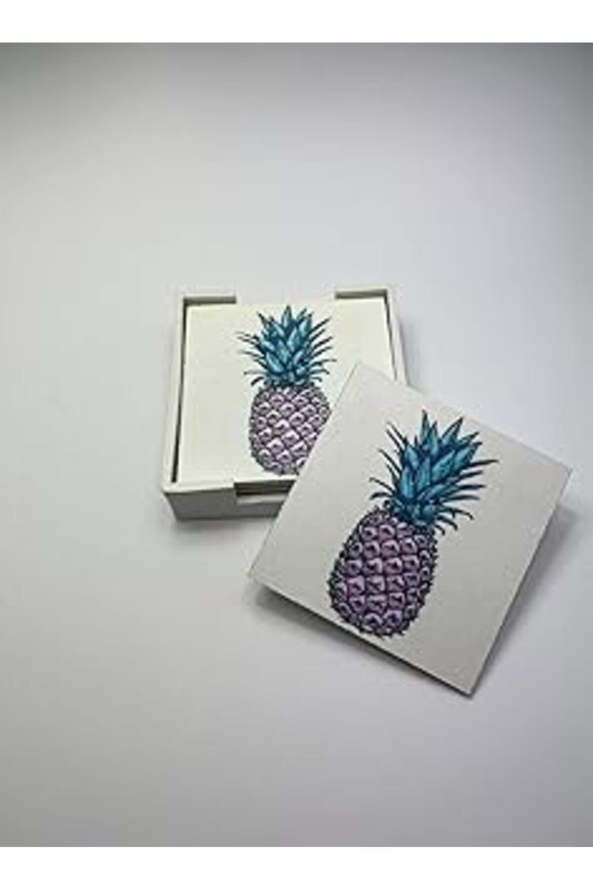 Mu Art 6’Lı Ahşap Bardak Altlığı Seti (Kutulu - Ananas Desenli)