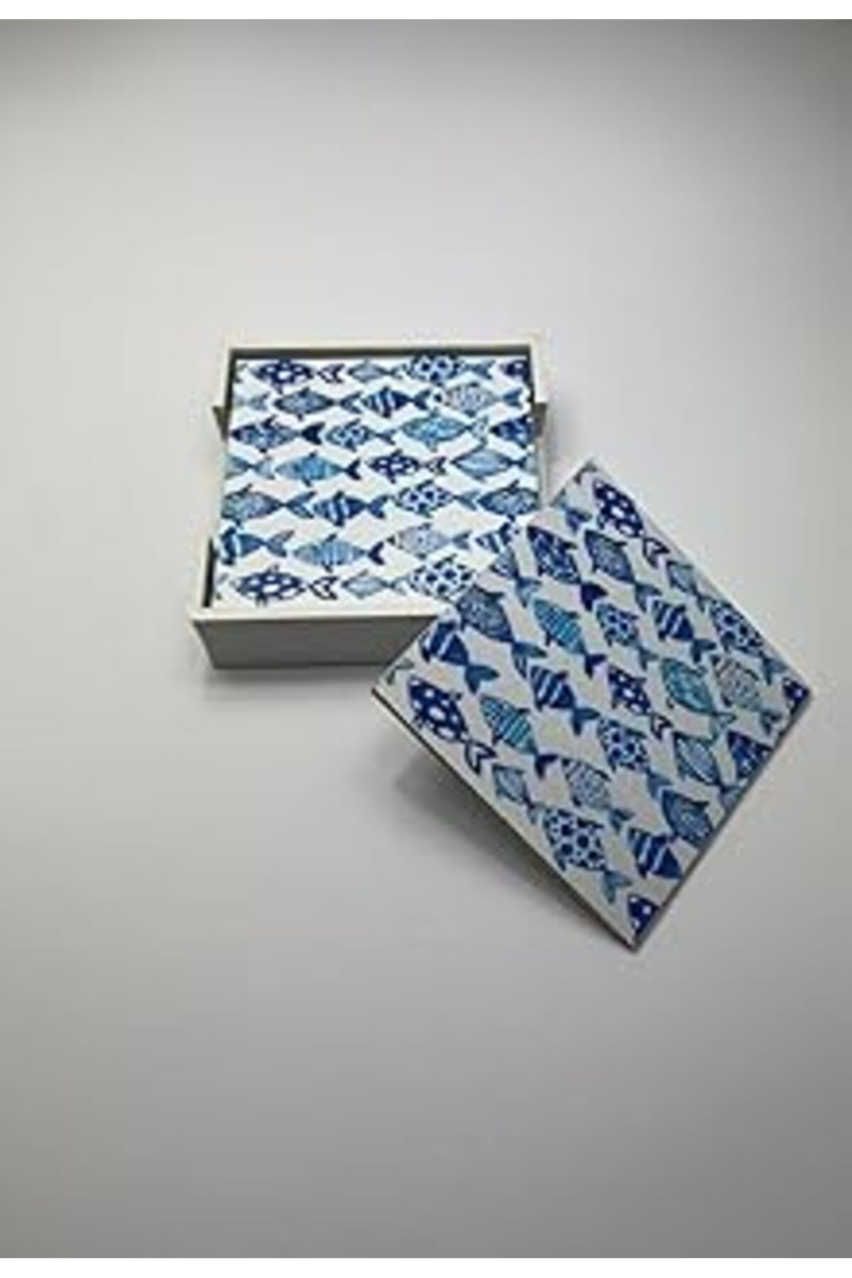 Mu Art 6’Lı Ahşap Bardak Altlığı Seti (Kutulu - Mavi Balık Desenli)