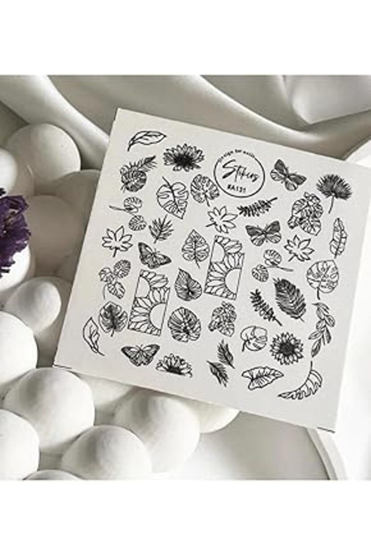 Pazarcan Siyah Beyaz Yaprak Desenli Tırnak Dövmesi Tırnak Tattoo Nail Art Tırnak Sticker Scanm49