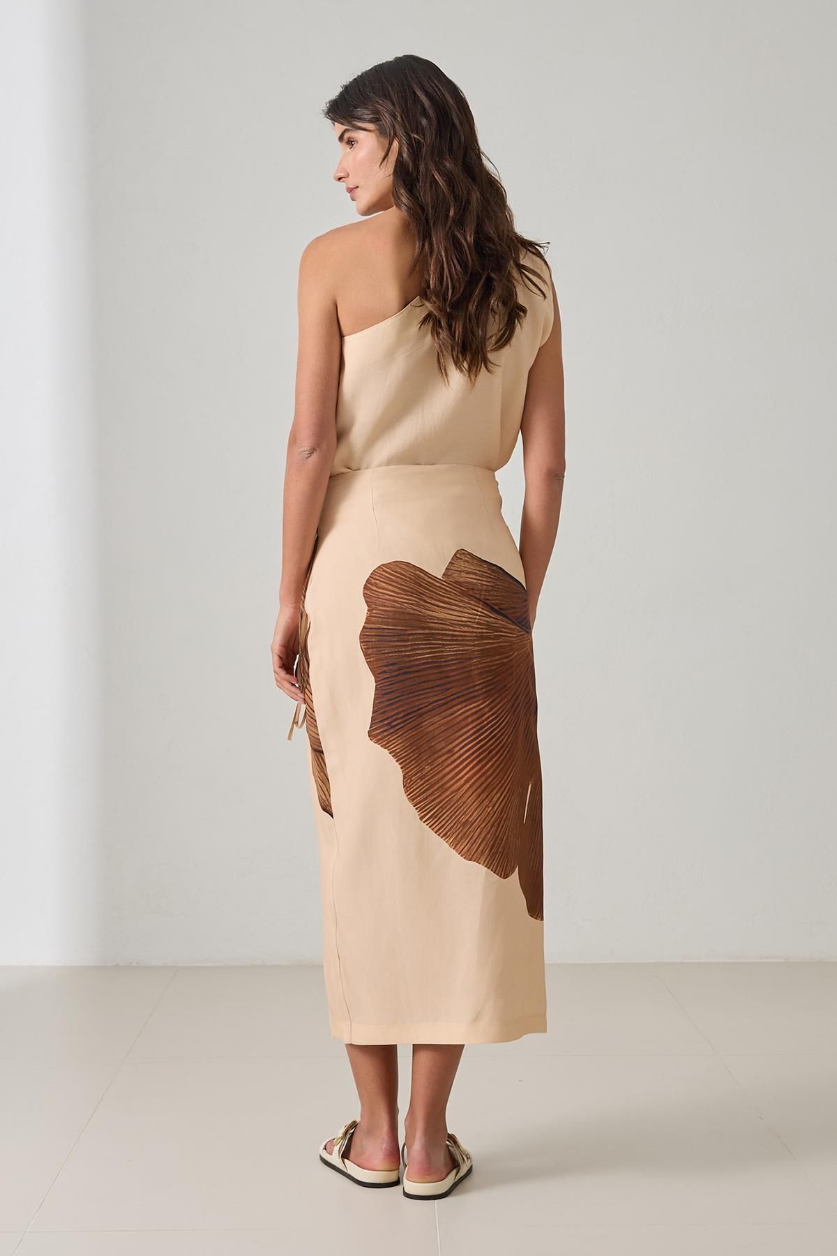 Setre-Dark Beige Asymmetrical Closure Binding Detailed Patterned Midi Length Skirt 5
