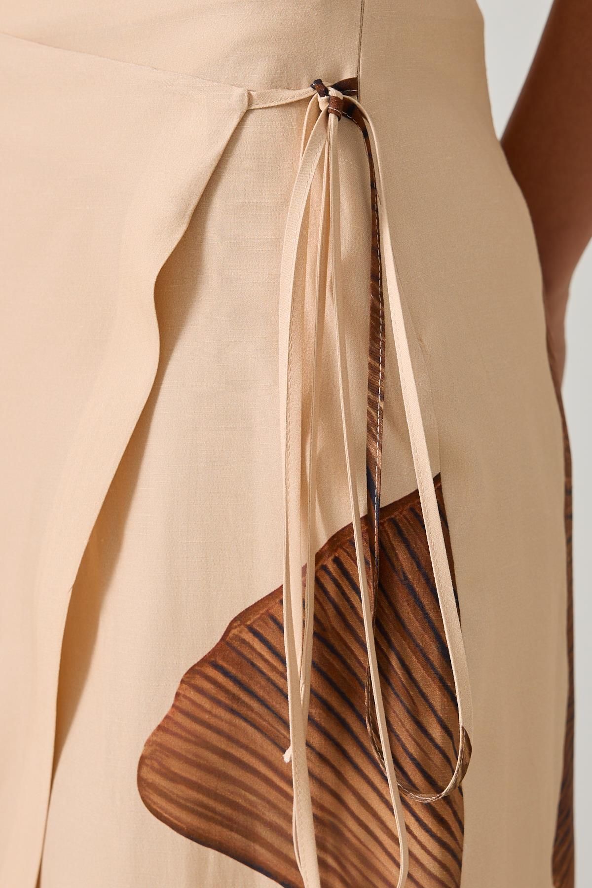 Setre-Dark Beige Asymmetrical Closure Binding Detailed Patterned Midi Length Skirt 4