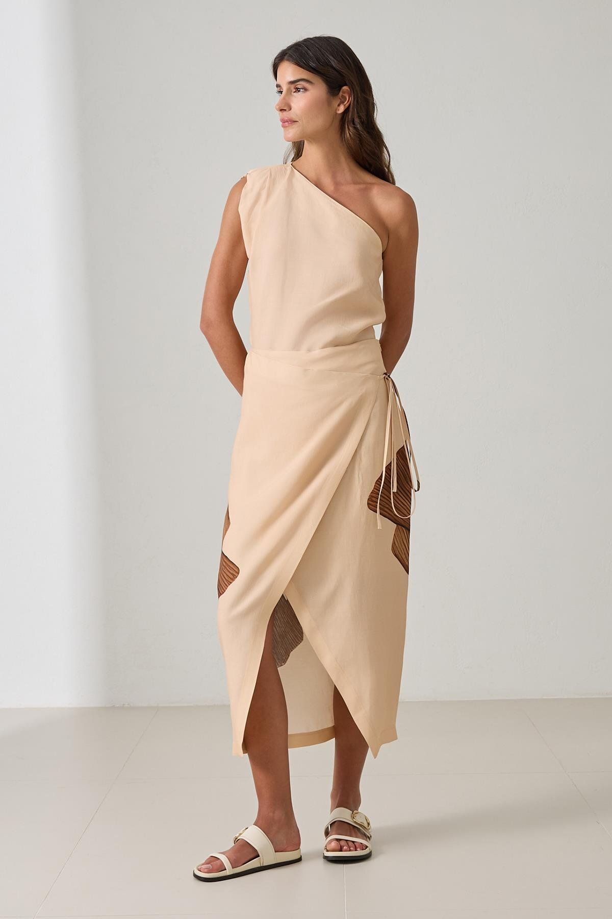 Setre-Dark Beige Asymmetrical Closure Binding Detailed Patterned Midi Length Skirt 2