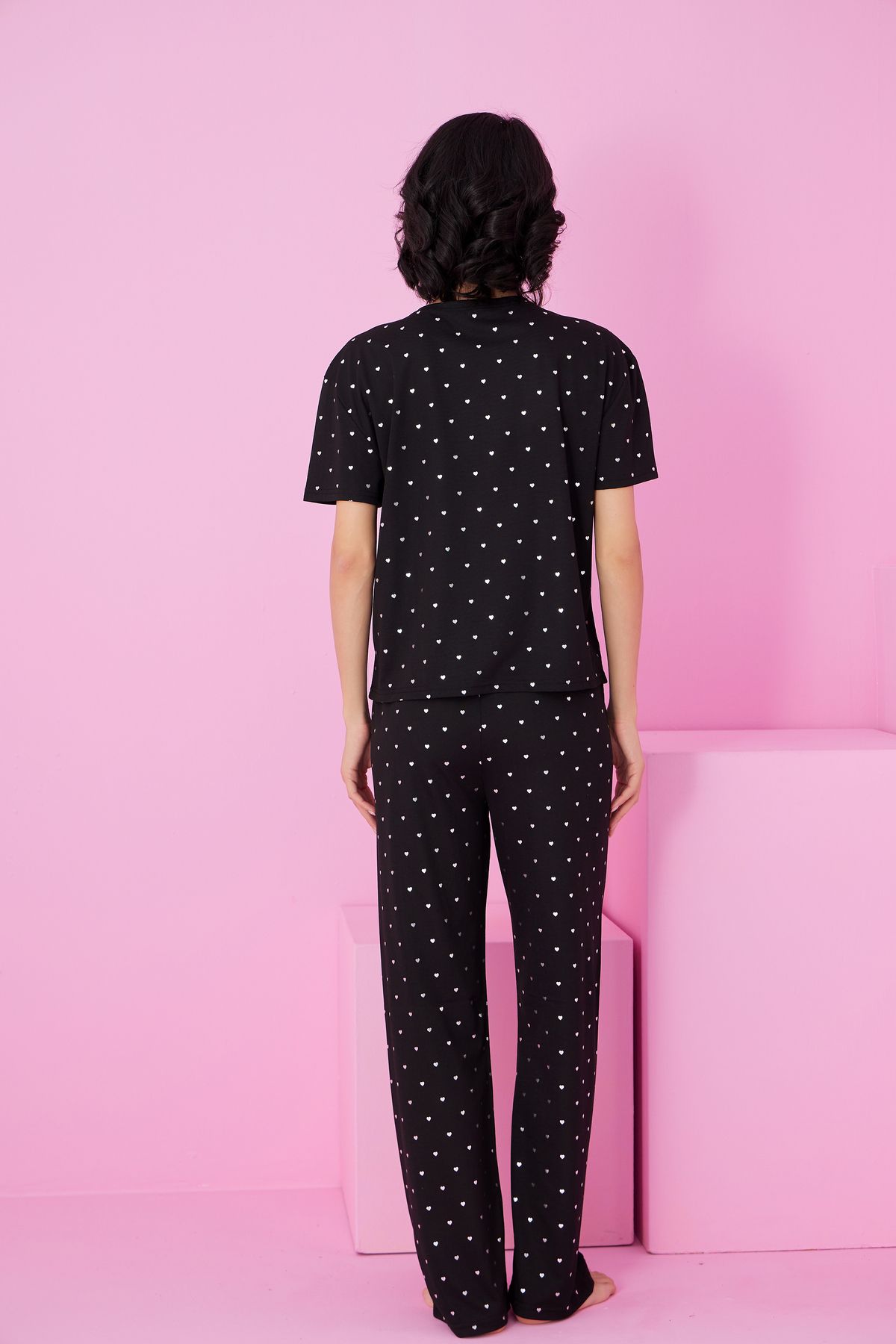 siyah kalp Varak Baskılı Örme Pijama Takım7845 - 3