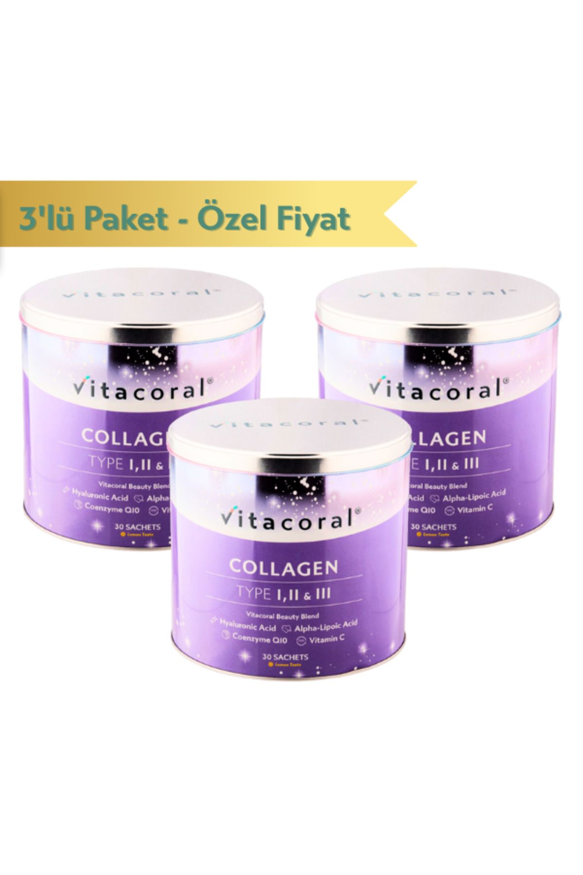 Vitacoral Collagen 3 lü Paket | 10.000 mg Tip 1-2-3 Kollajen | Şekersiz | 30 Günlük x 3