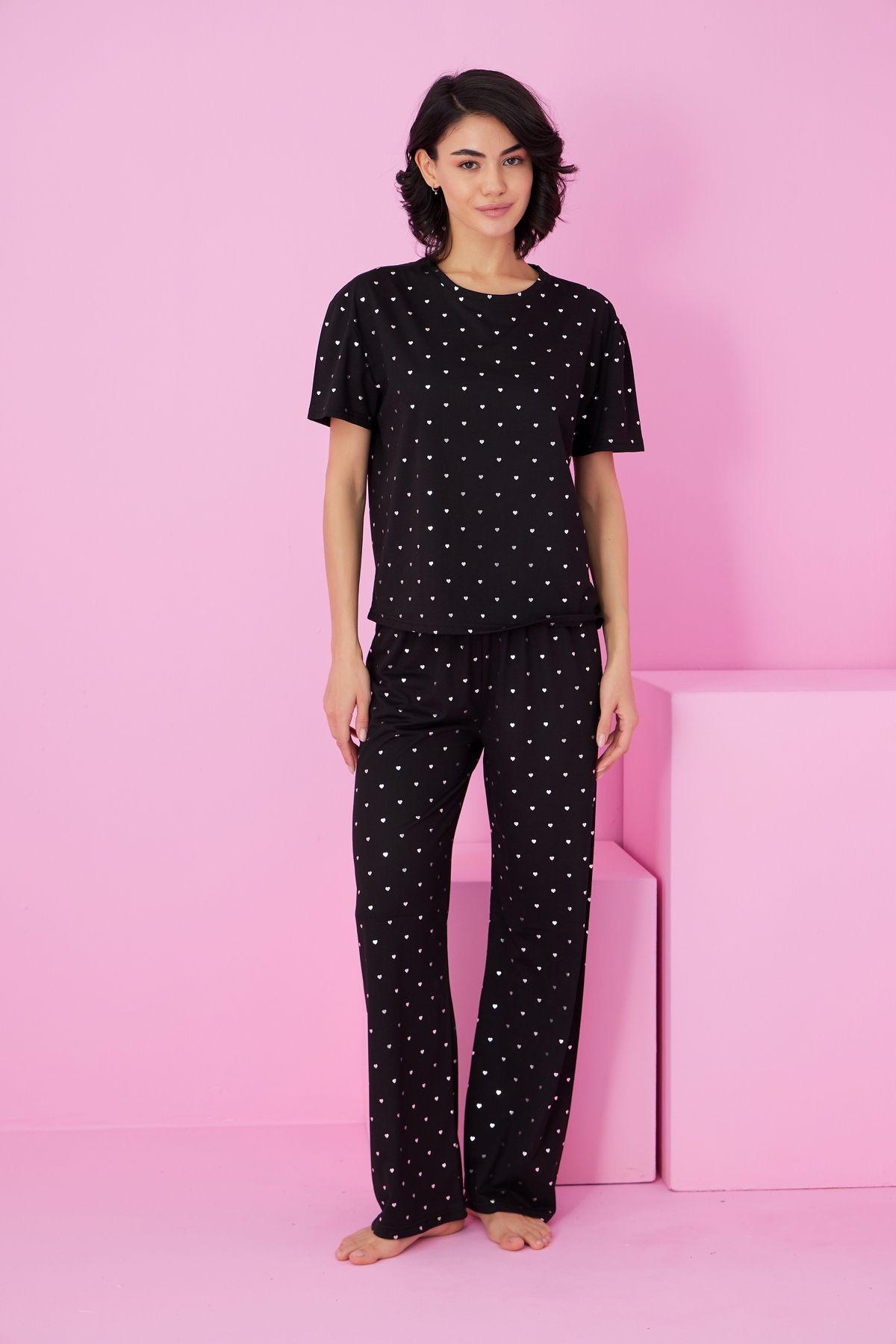 siyah kalp Varak Baskılı Örme Pijama Takım7845 - 2