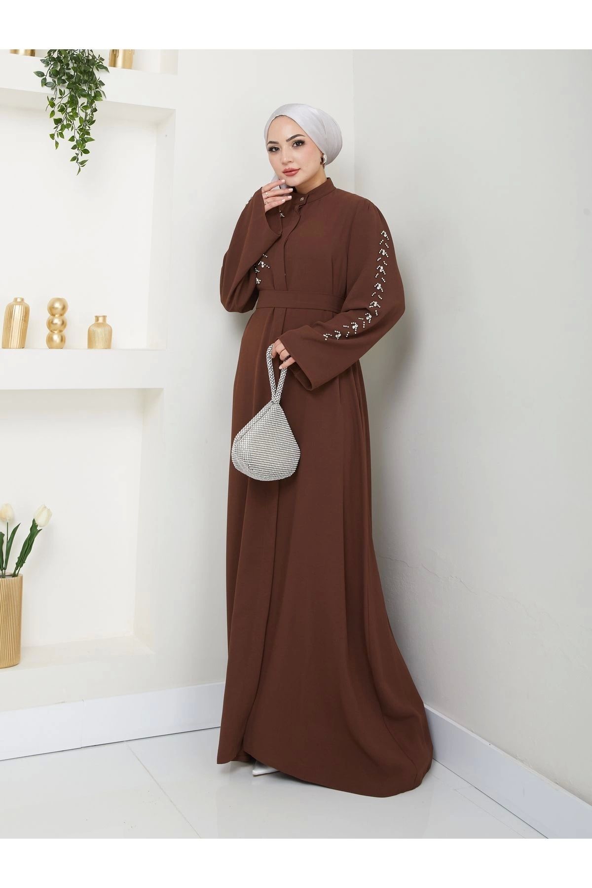 EFSUN MODA-Γυναικείο Φόρεμα Ferace - Μουσουλμανικά Ρούχα με Λεπτομέρεια Πέτρας, Καφέ Χρώμα 5