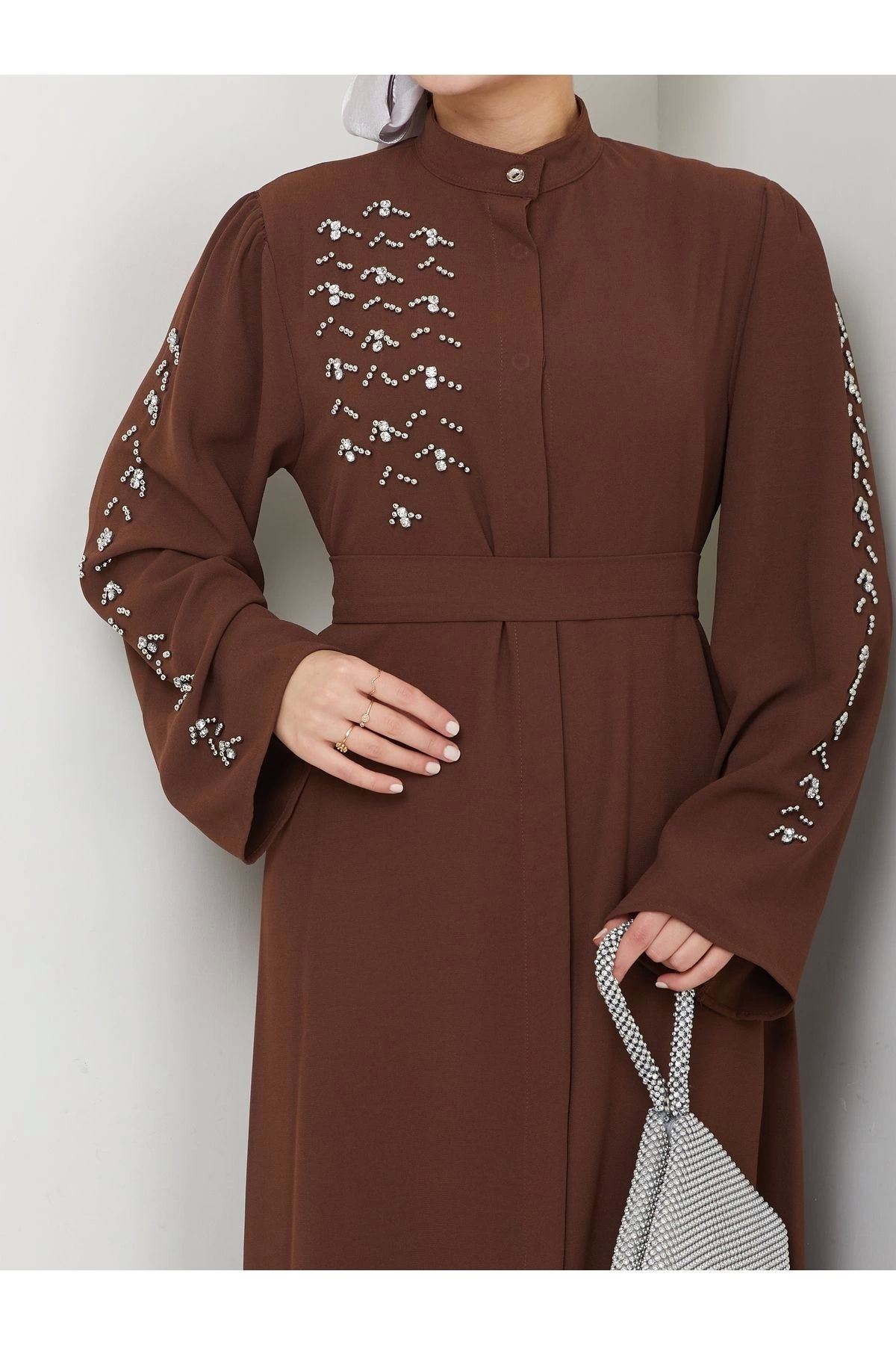 EFSUN MODA-Γυναικείο Φόρεμα Ferace - Μουσουλμανικά Ρούχα με Λεπτομέρεια Πέτρας, Καφέ Χρώμα 8