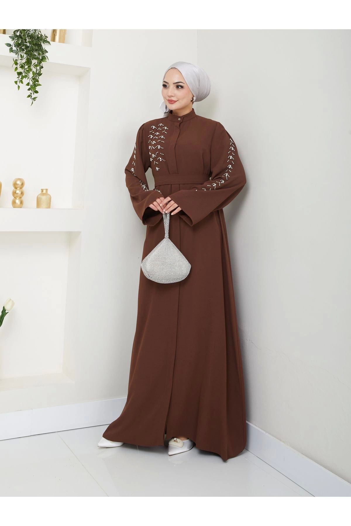 EFSUN MODA-Γυναικείο Φόρεμα Ferace - Μουσουλμανικά Ρούχα με Λεπτομέρεια Πέτρας, Καφέ Χρώμα 3