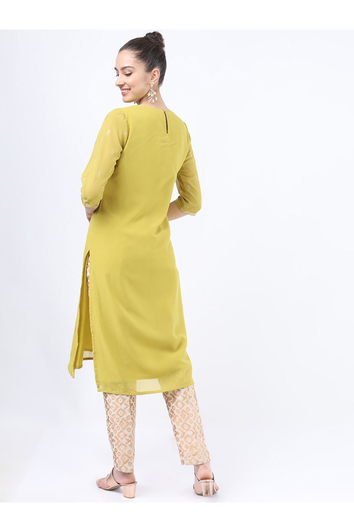 Vishudh By Styli-كورتا نسائية صفراء مطبوعة بزخارف عرقية 3