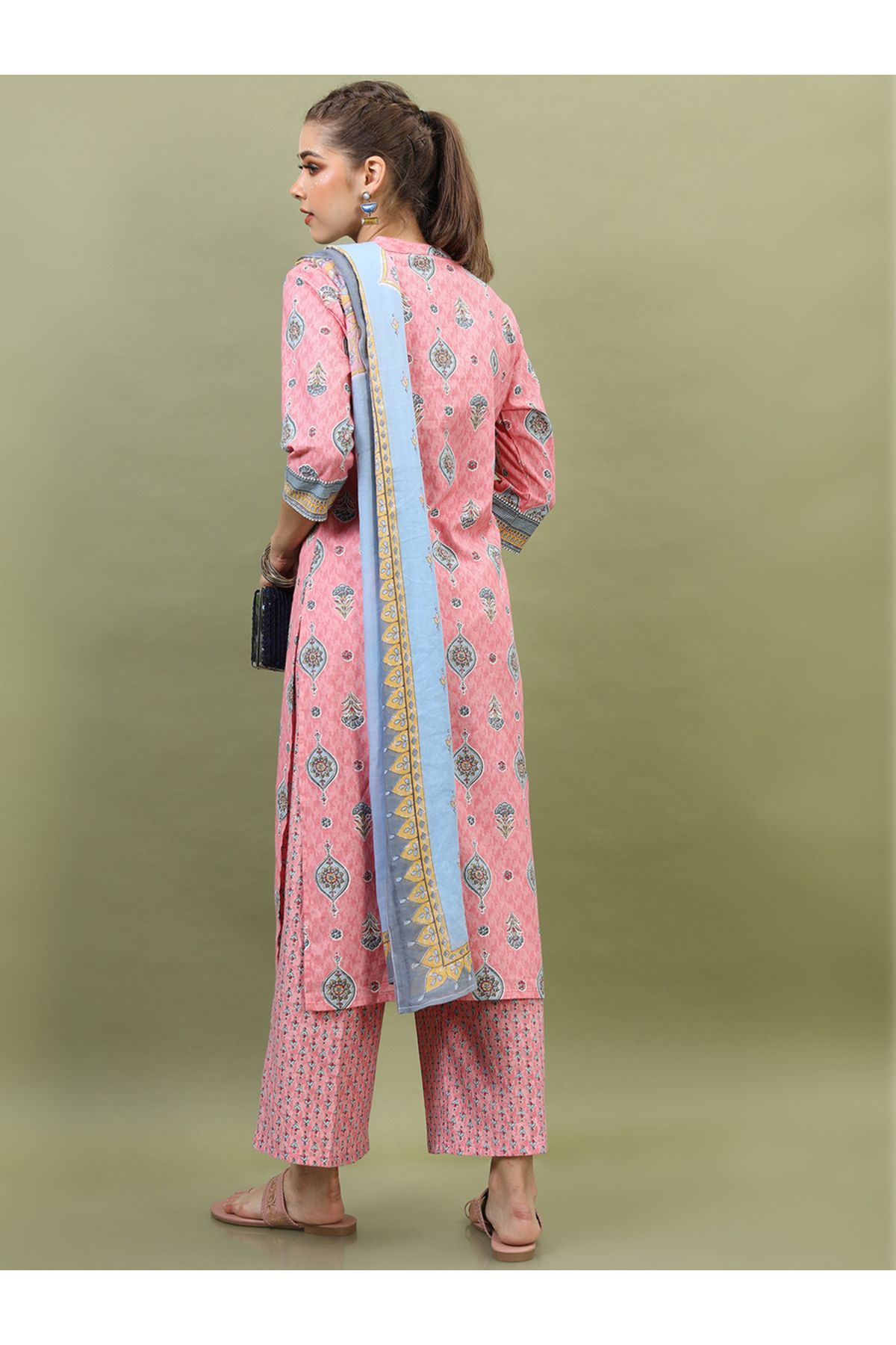 Vishudh By Styli-Women Pink Printed Cotton Kurta Set with Dupatta 3