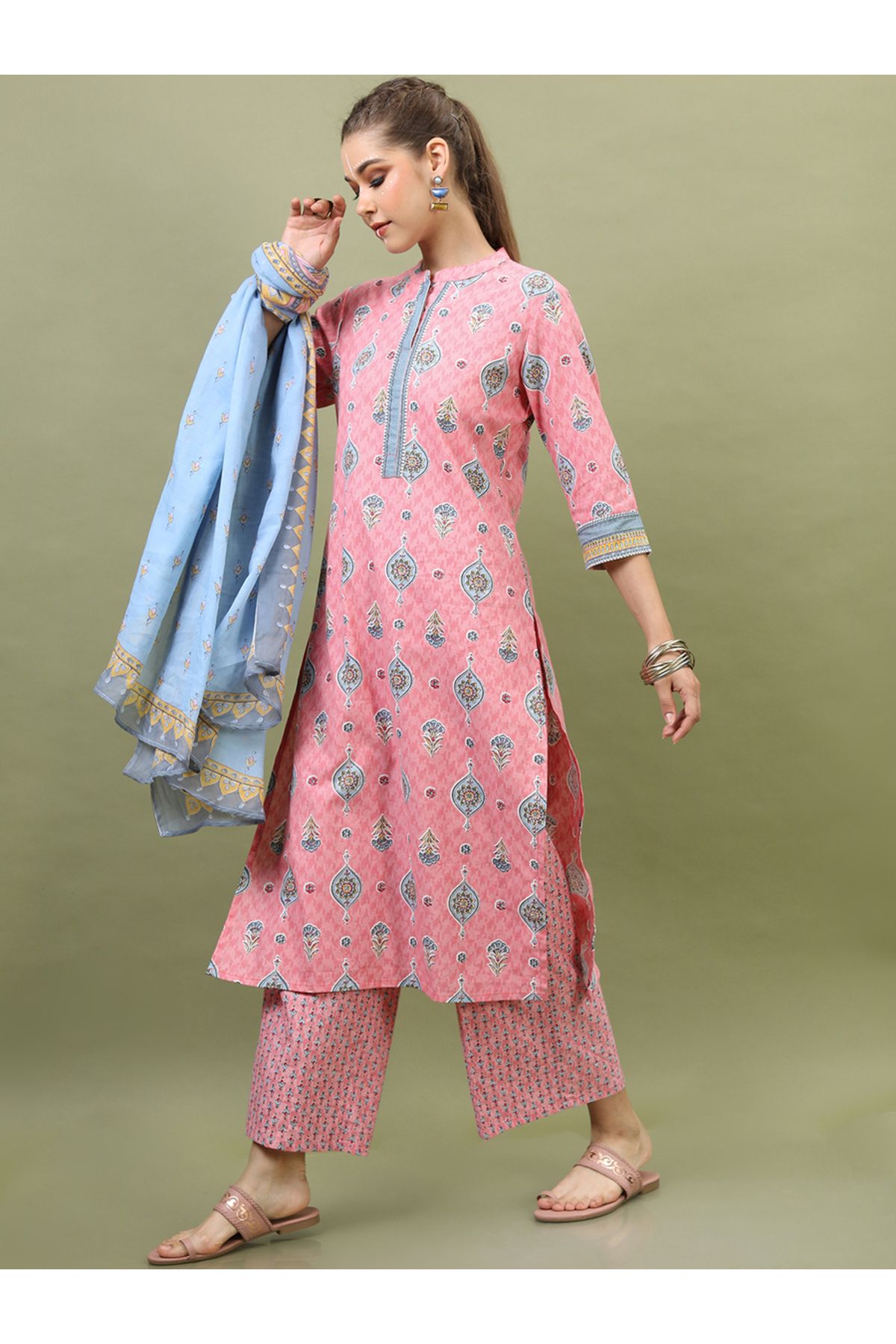 Vishudh By Styli-Women Pink Printed Cotton Kurta Set with Dupatta 5