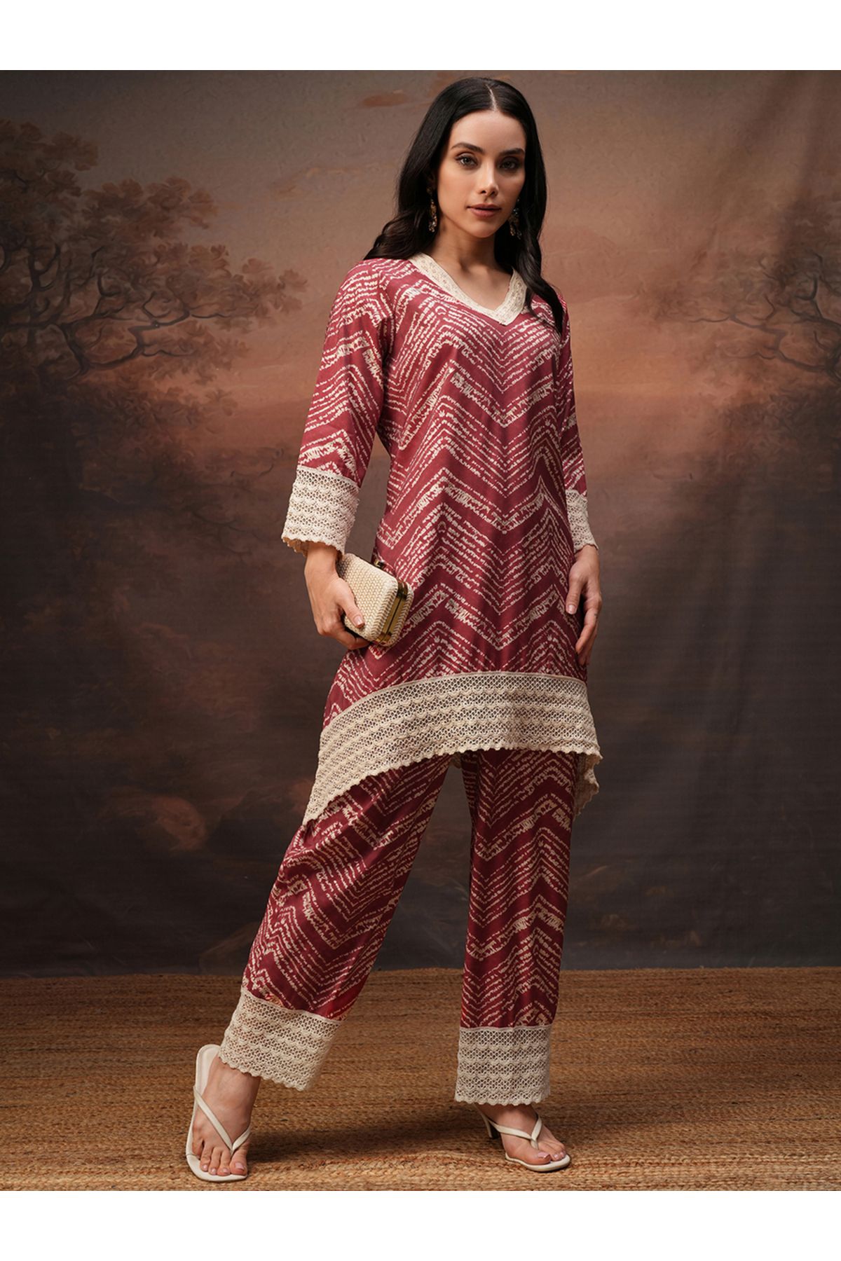 Vishudh By Styli-Printed V-Neck Lace Trims Tunic with Trousers Co-Ords 1