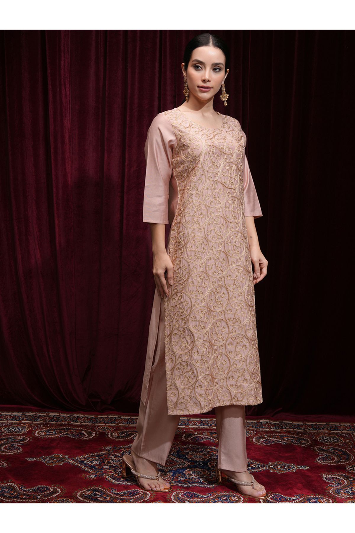 Vishudh By Styli-Women Peach Embroidered Kurta Set 4