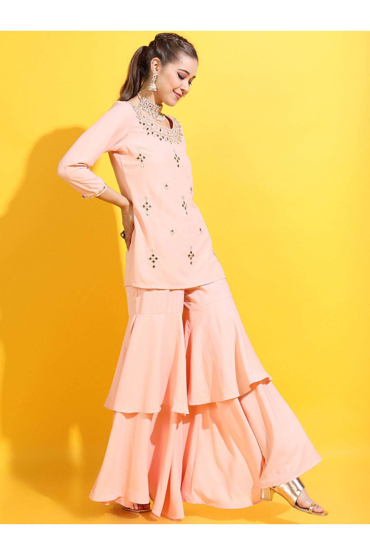 Vishudh By Styli-Peach Mirror Work Kurta Set with Sharara & Dupatta 5