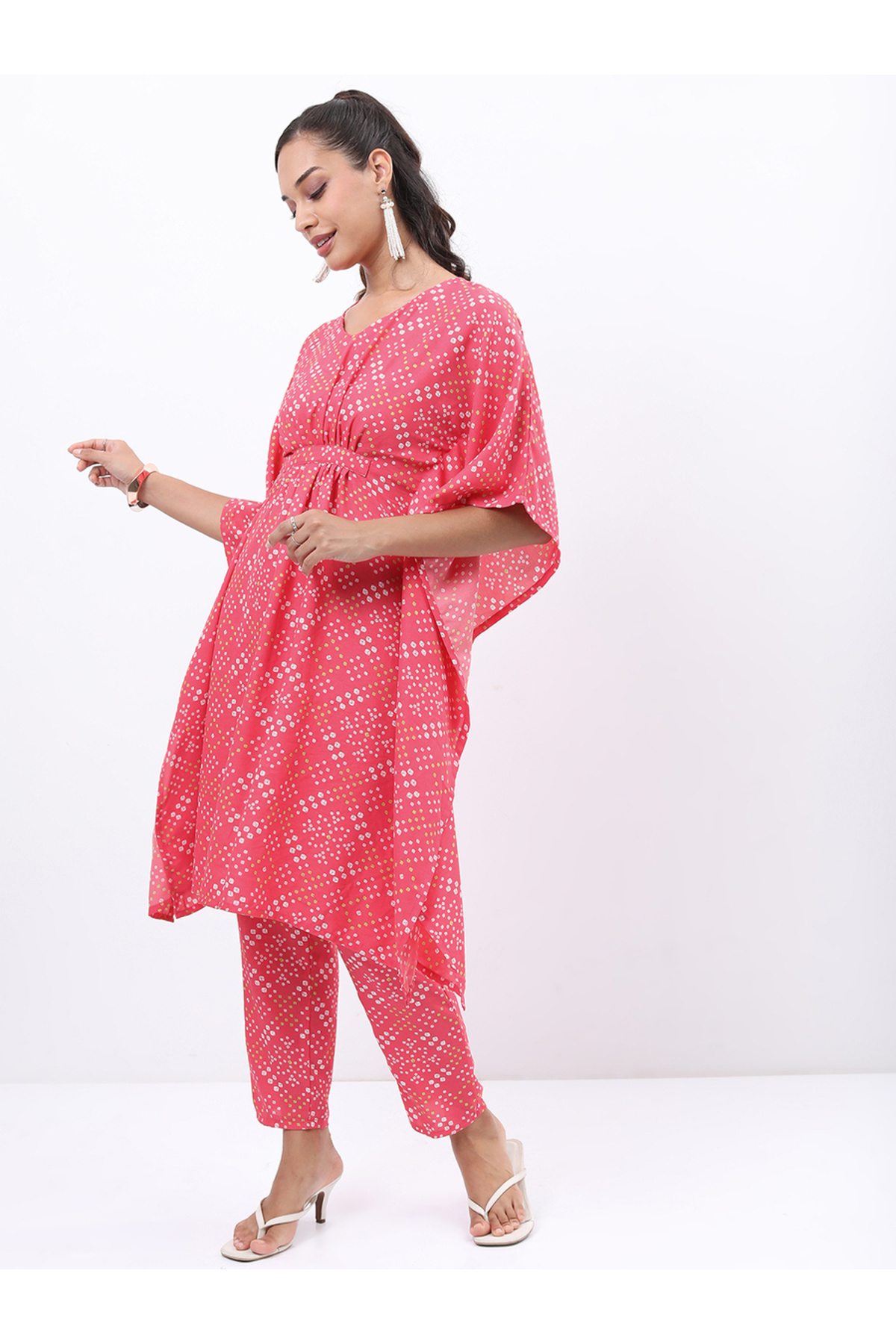 Vishudh By Styli-Women Pink Printed Kaftan Kurta with Trousers 4
