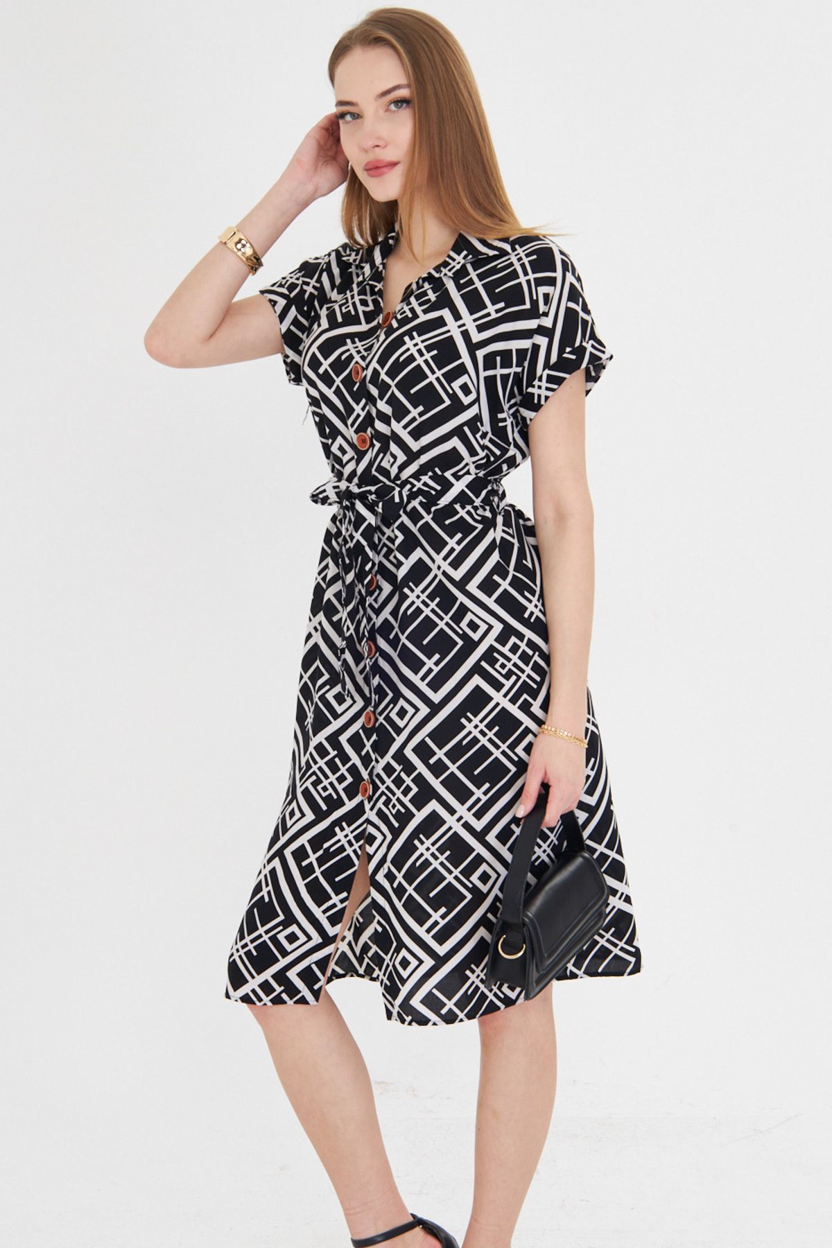 armonika Rochie Cămașă Cu Mânecă Scurtă Cu Imprimeu Alb-negru Pentru Femei Arm-22y 001007 Femeie - XL