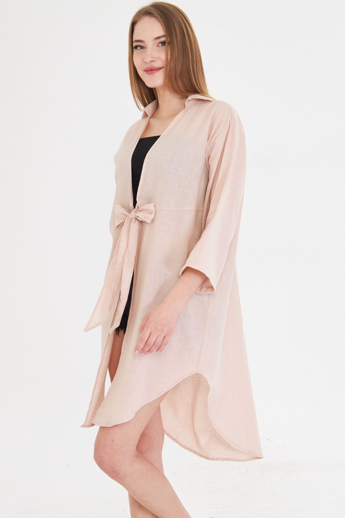 armonika Kadın Pudra Önden Bağlamalı İnce Keten Kumaş Midi Boy Kimono Gömlek ARM-24Y001081