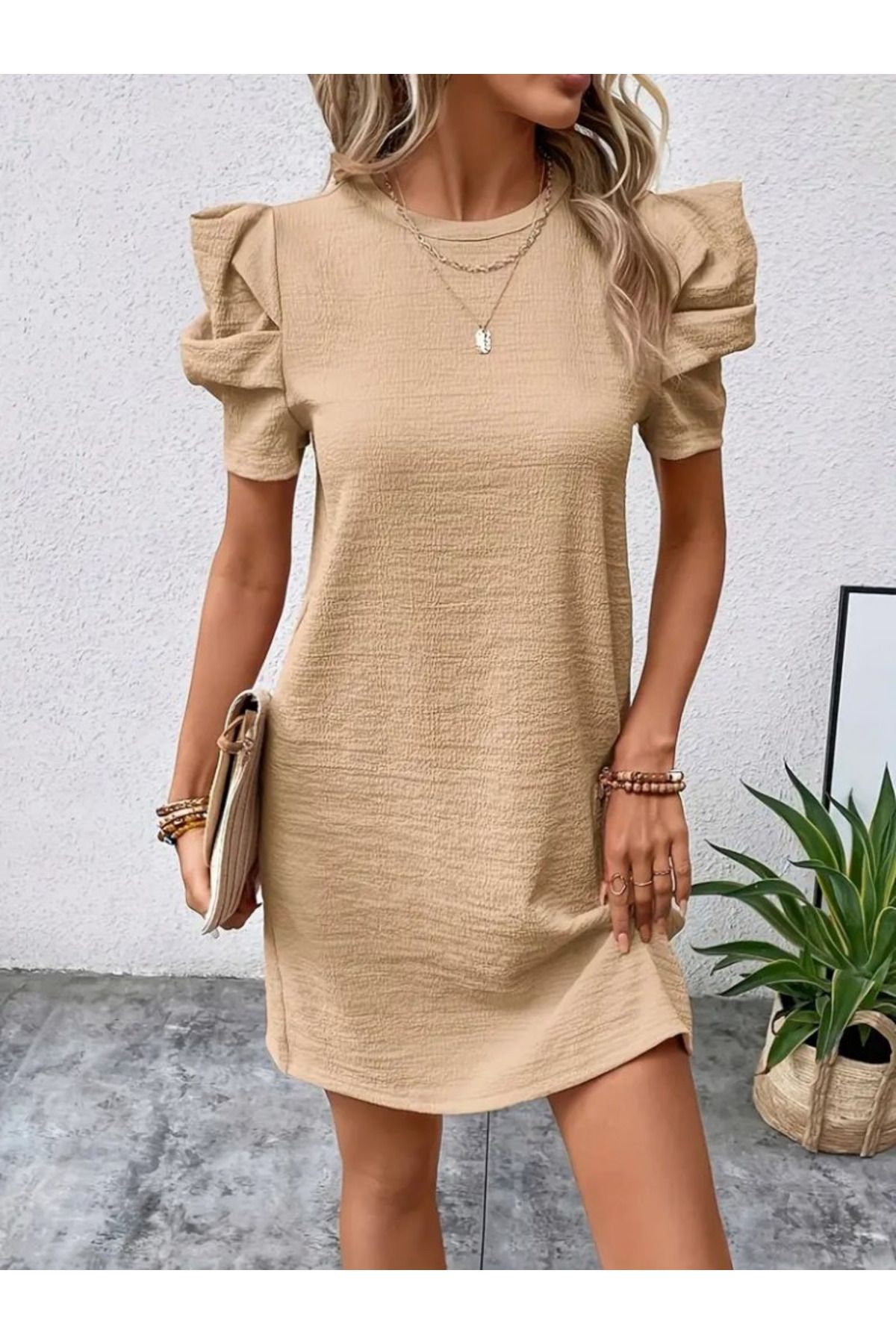 velmorafashion Kadın Kısa Kollu Bisiklet Yaka Karpuz Kol Krep Elbise