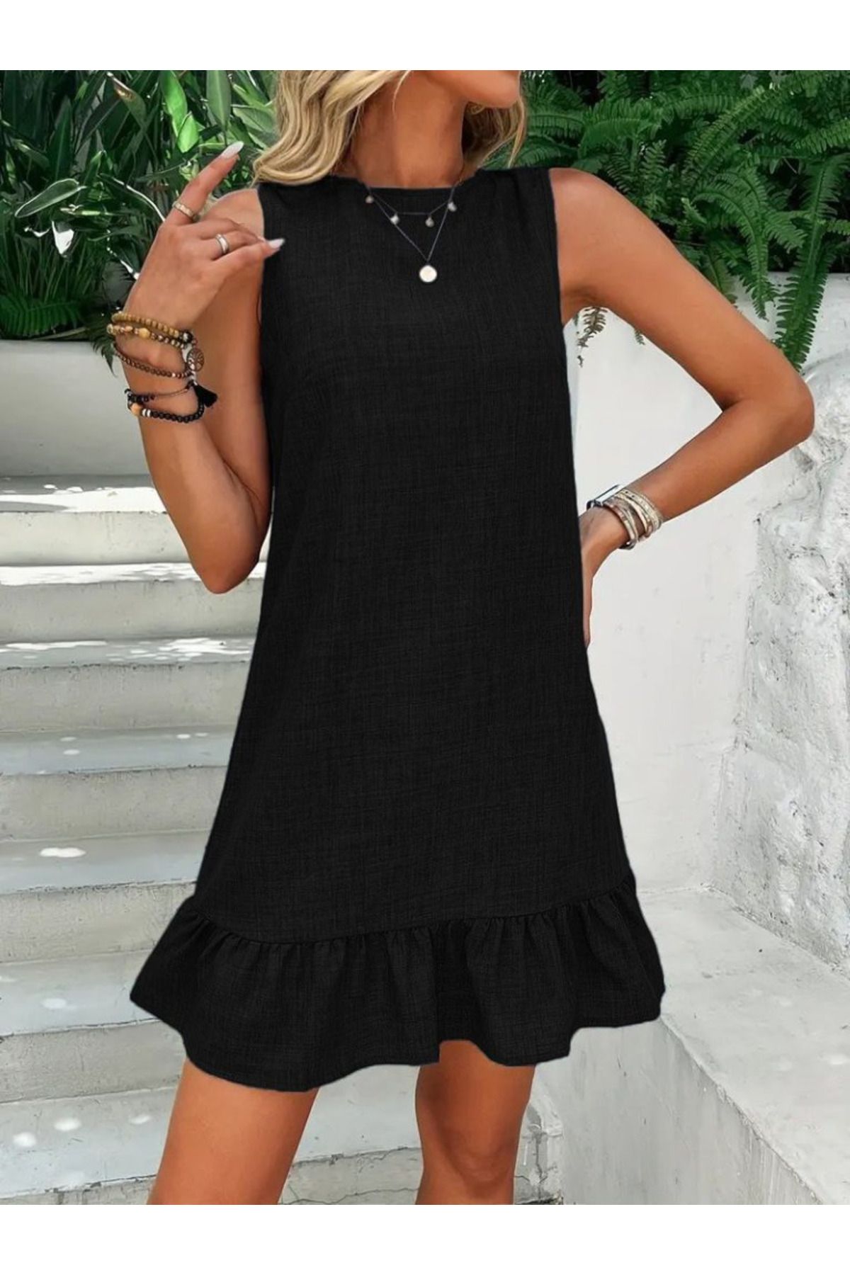 velmorafashion Kadın Kolsuz Bisiklet Yaka Fırfırlı Sofya Elbise