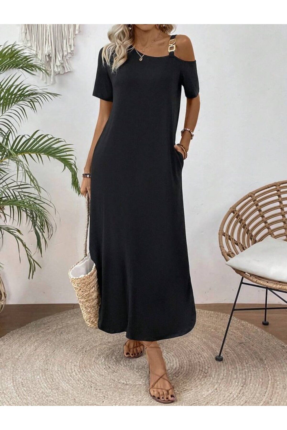 velmorafashion Kadın Tek Omuzdan Açık Toka Detaylı Yandan Yırtmaçlı Maksi Boy Viskon Elbise