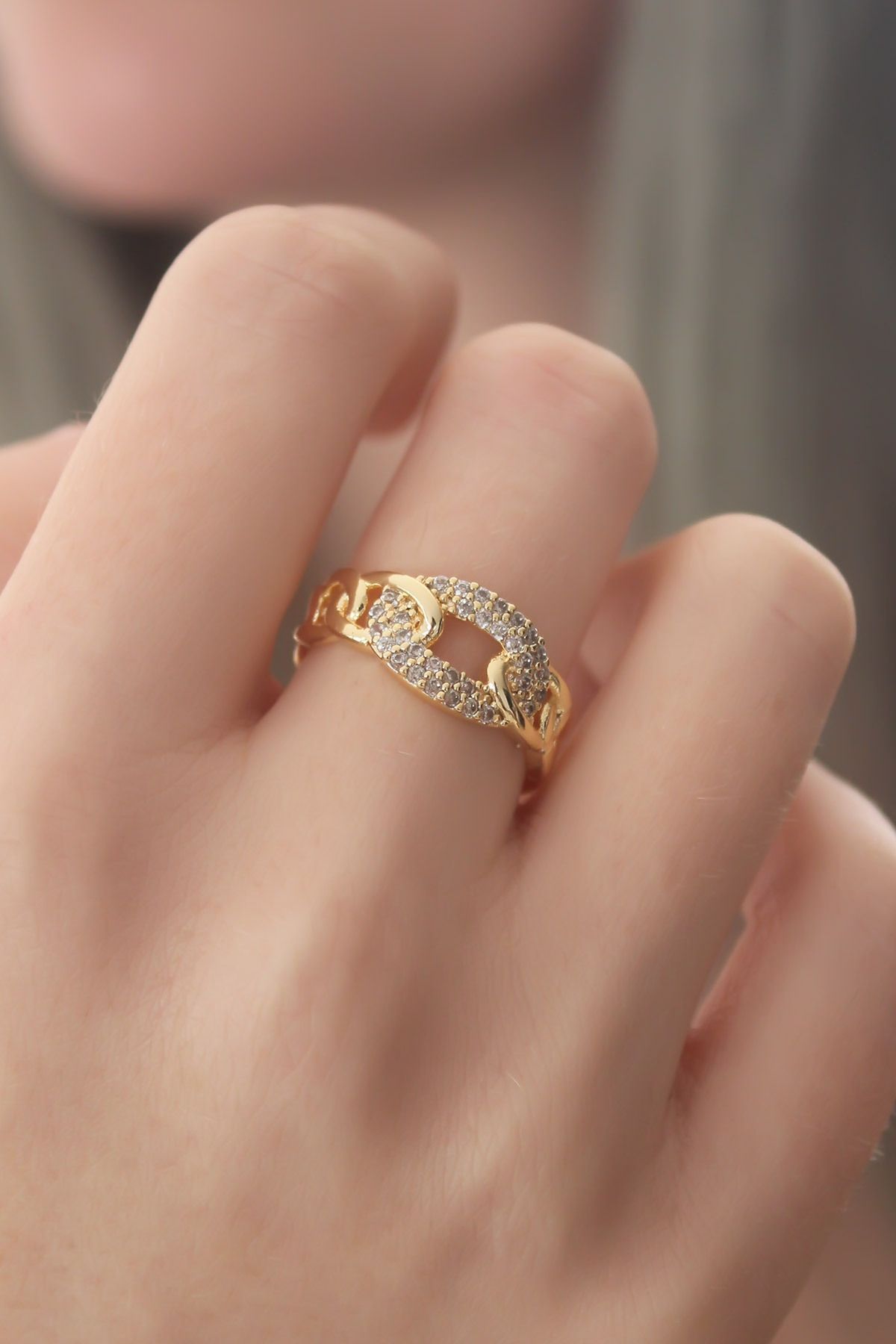 Mu Art Ahşap Gold Renk Zirkon Taşlı Kadın Yüzük