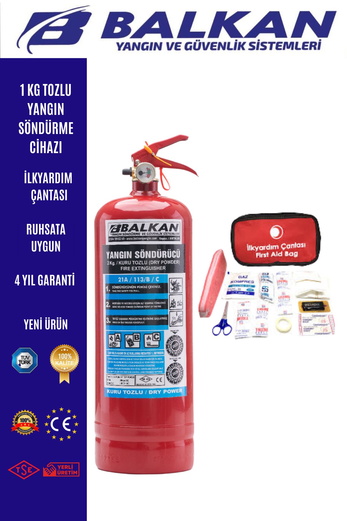 Balkan Ticaret 1 kg yangın söndürme cihazı+İlkyardım seti
