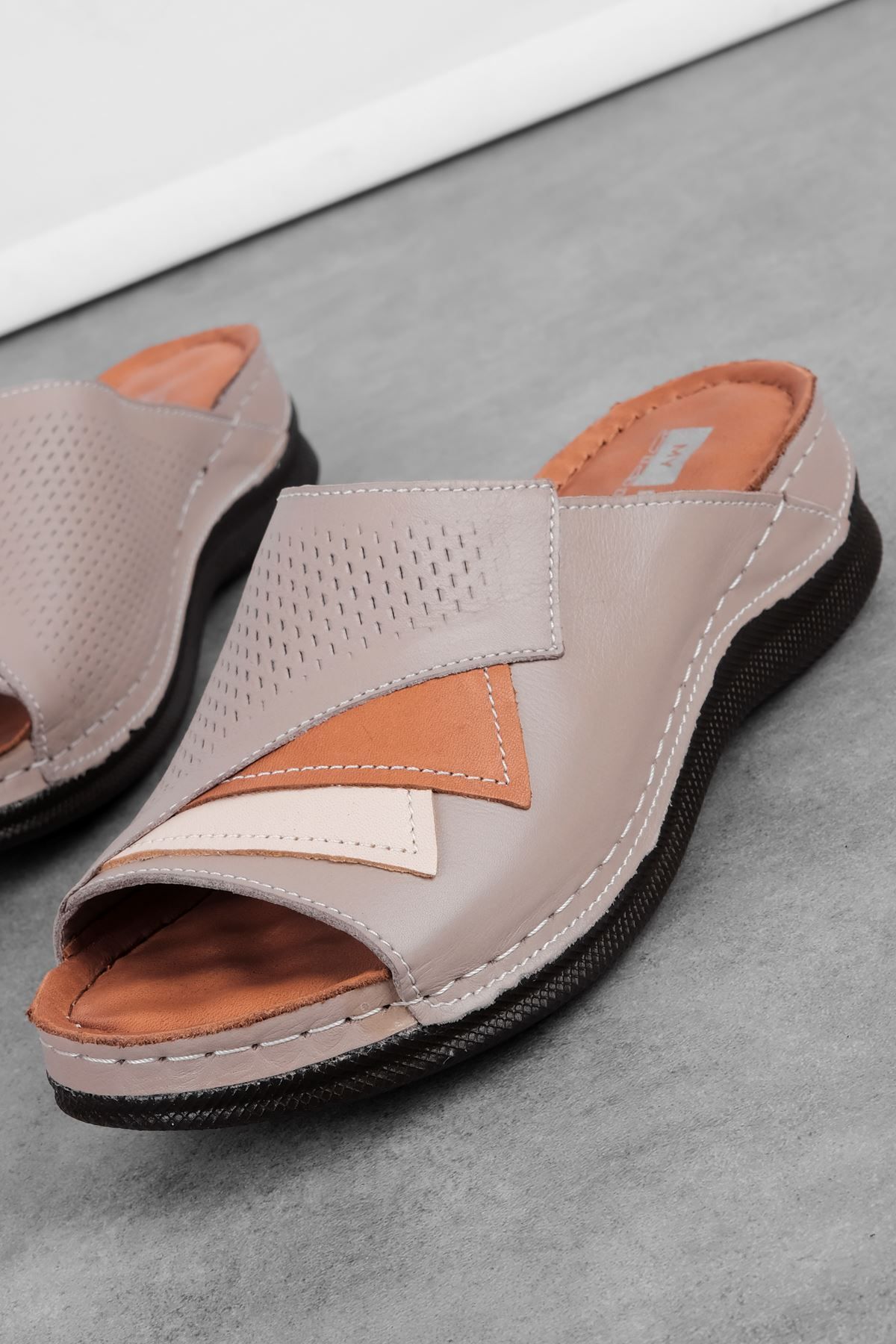 Lal Shoes & Bags-Tasra Women's Genuine Leather Colorful Piece Detailed High Sole Slippers-Vi̇zyon 3
