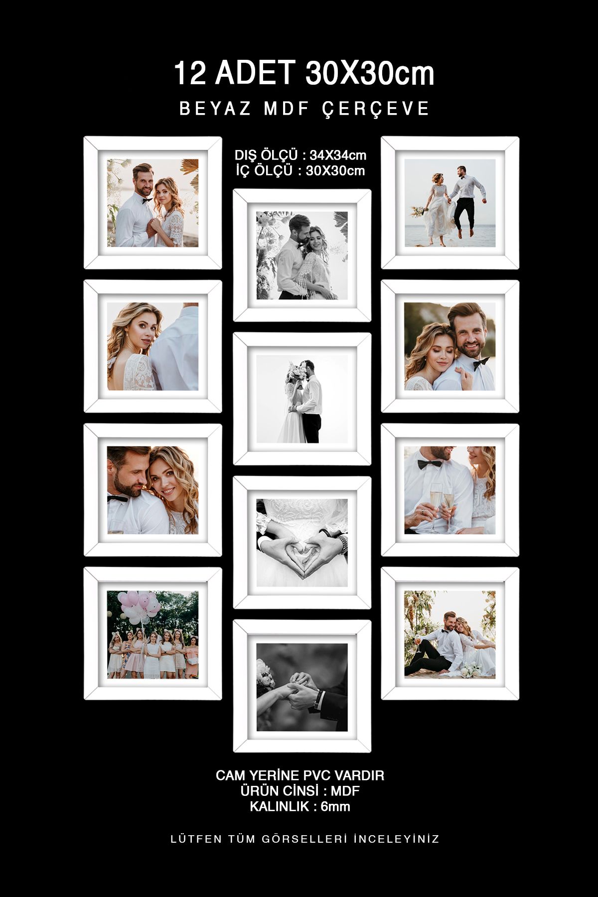 bymat-12 Pieces 30X30 Frame - White Frame - Mdf Square Frame - Multiple Photo Frame Set 1