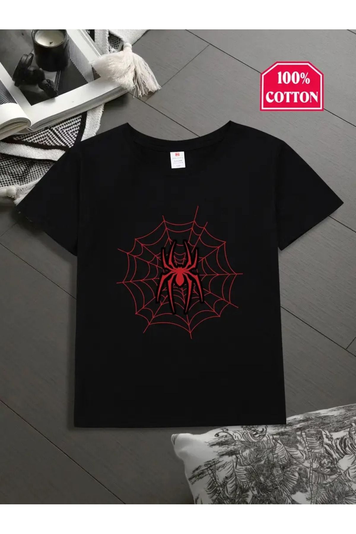 vinraus Kız\Erkek Çocuk Siyah Kırmızı Örümcek Baskılı Penye T-shirt
