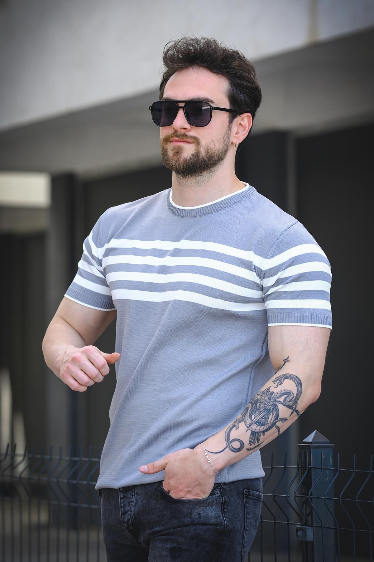 Oksit-Ανδρικό πλεκτό μπλουζάκι Liam ριγέ Lycra Slim Fit Crew Neck 3