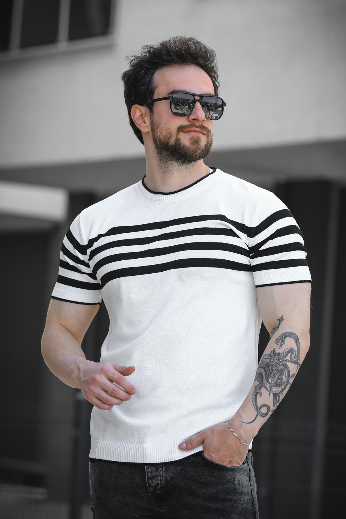 Oksit-Ανδρικό πλεκτό μπλουζάκι Liam ριγέ Lycra Slim Fit Crew Neck 2