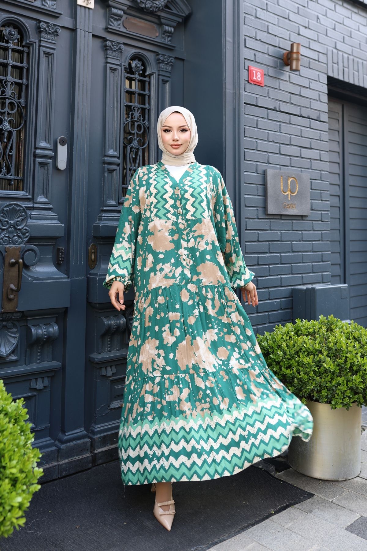 modessia-Rochie verde pentru femei, 100% bumbac, viscoză, cu decolteu în V, model Alaçatı, în straturi V898 5