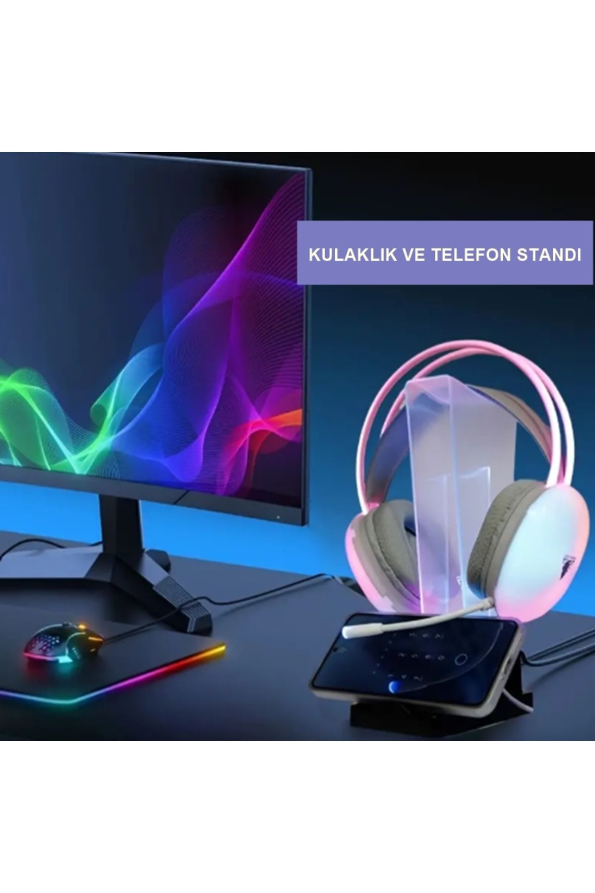 gaman RGB Oyuncu Kulaklığı Standı + Telefon Standı Led Işık Kulaklık ve Telefon Tutucu