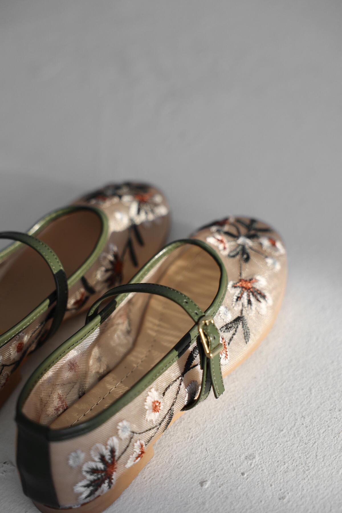 BeBeQ Store  Jordy Haki Biyeli Tokalı Düz File Nakışlı Kadın Ayakkabı Babet - Görsel 2