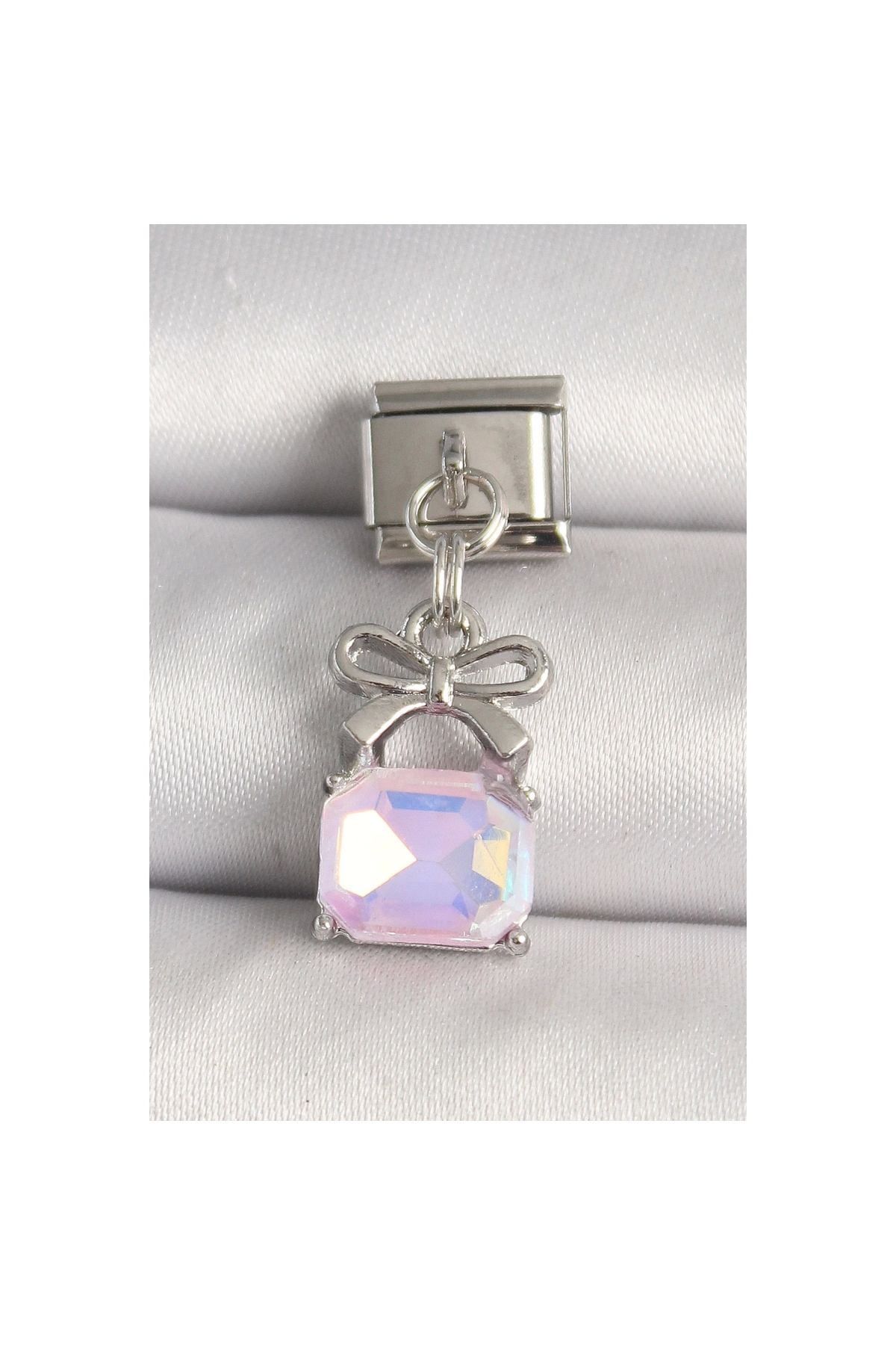 Narnuga 316L Çelik Gümüş Renk Pembe Zirkon Taşlı Çanta Model Nomination Charm - TJ-BC1301