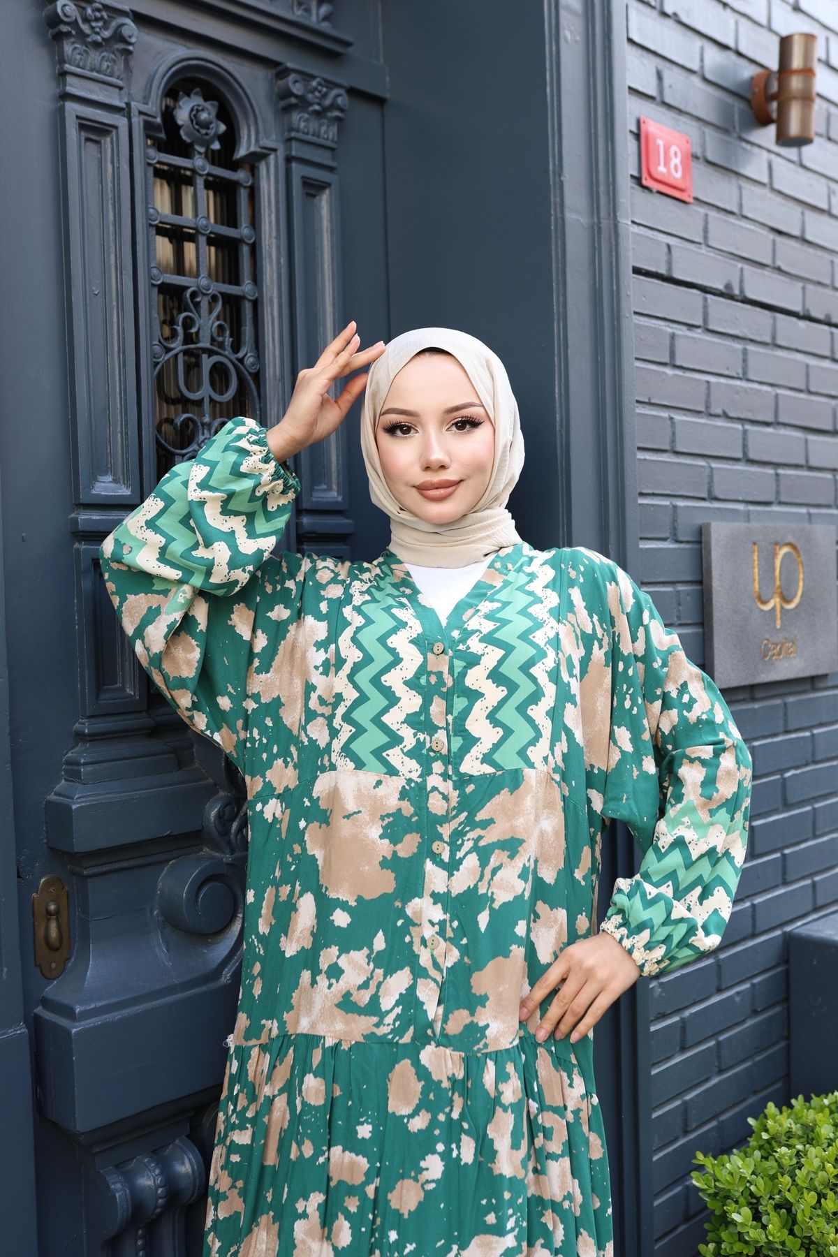 modessia-Rochie verde pentru femei, 100% bumbac, viscoză, cu decolteu în V, model Alaçatı, în straturi V898 1