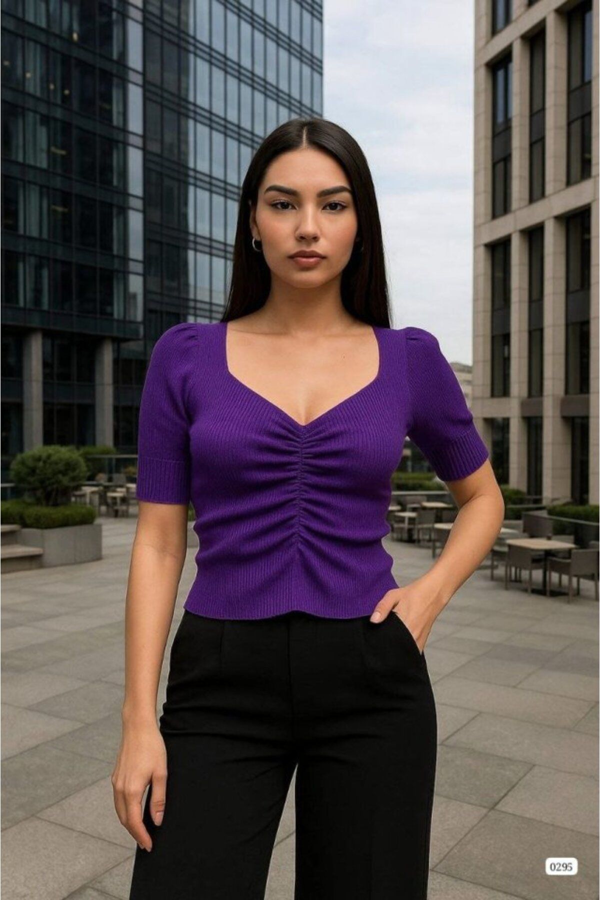 velmorafashion Kadın V Yaka Önü Büzgü Detaylı Triko Bluz