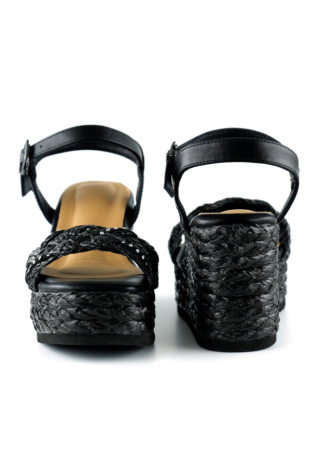 Erkan Saçmacı-Black Pearl Embroidered Buckle Straw Braid Look Wedge Heeled Sandals 3
