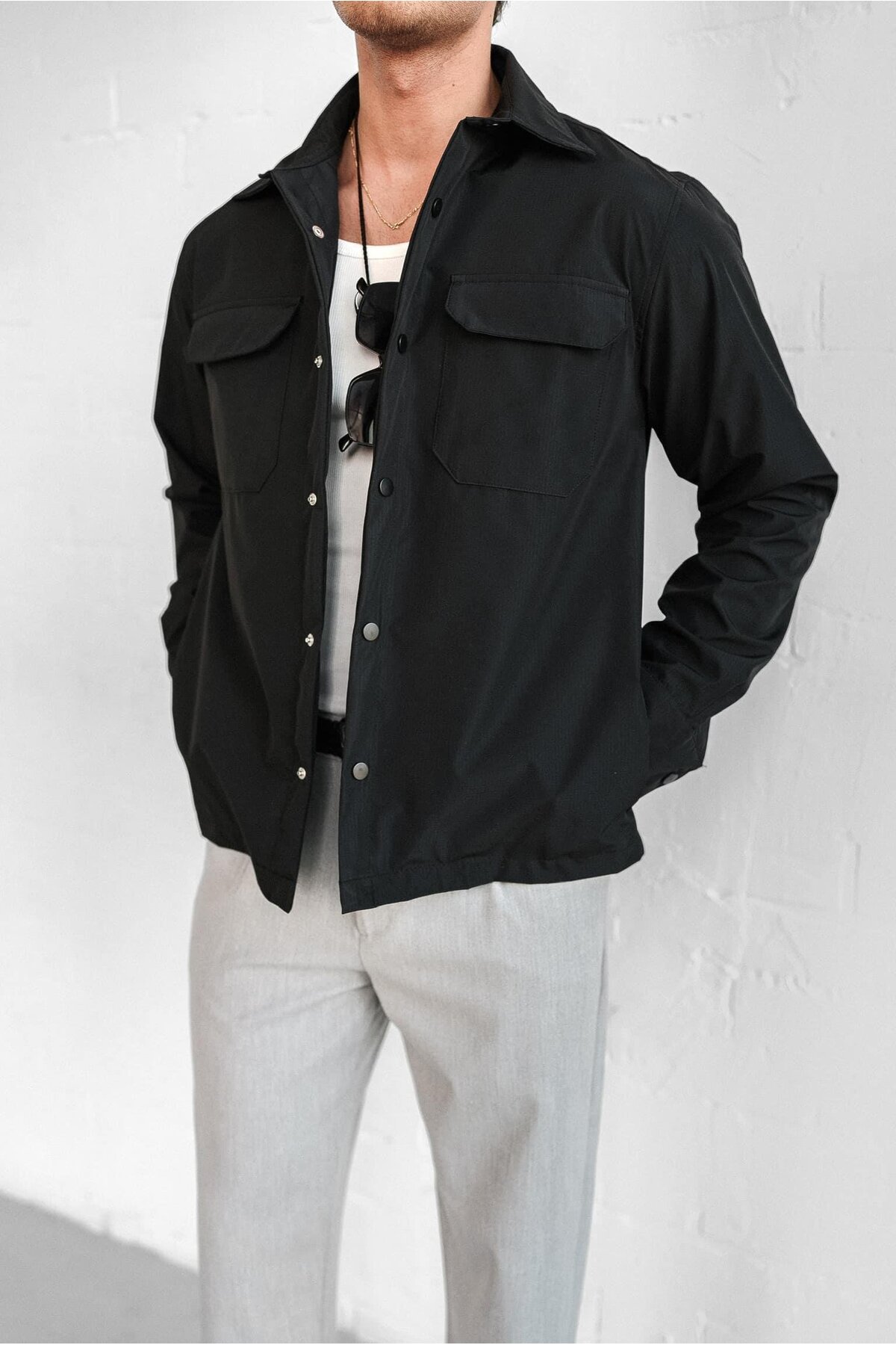 بلوک آنلاین کاپشن مردانه اسلیم فیت با جیب جلو و یقه، مشکی